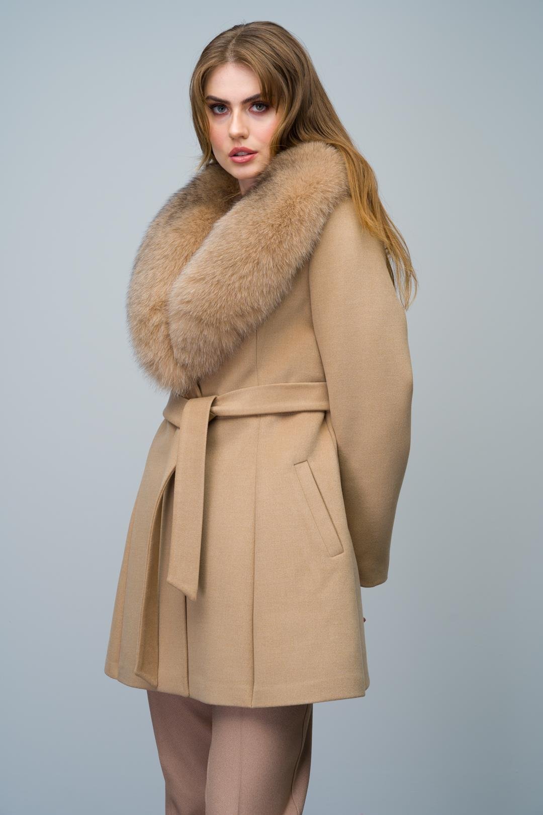 Flared Cashmere Coat with Removable Fur Collar BEIGE 3008-TK