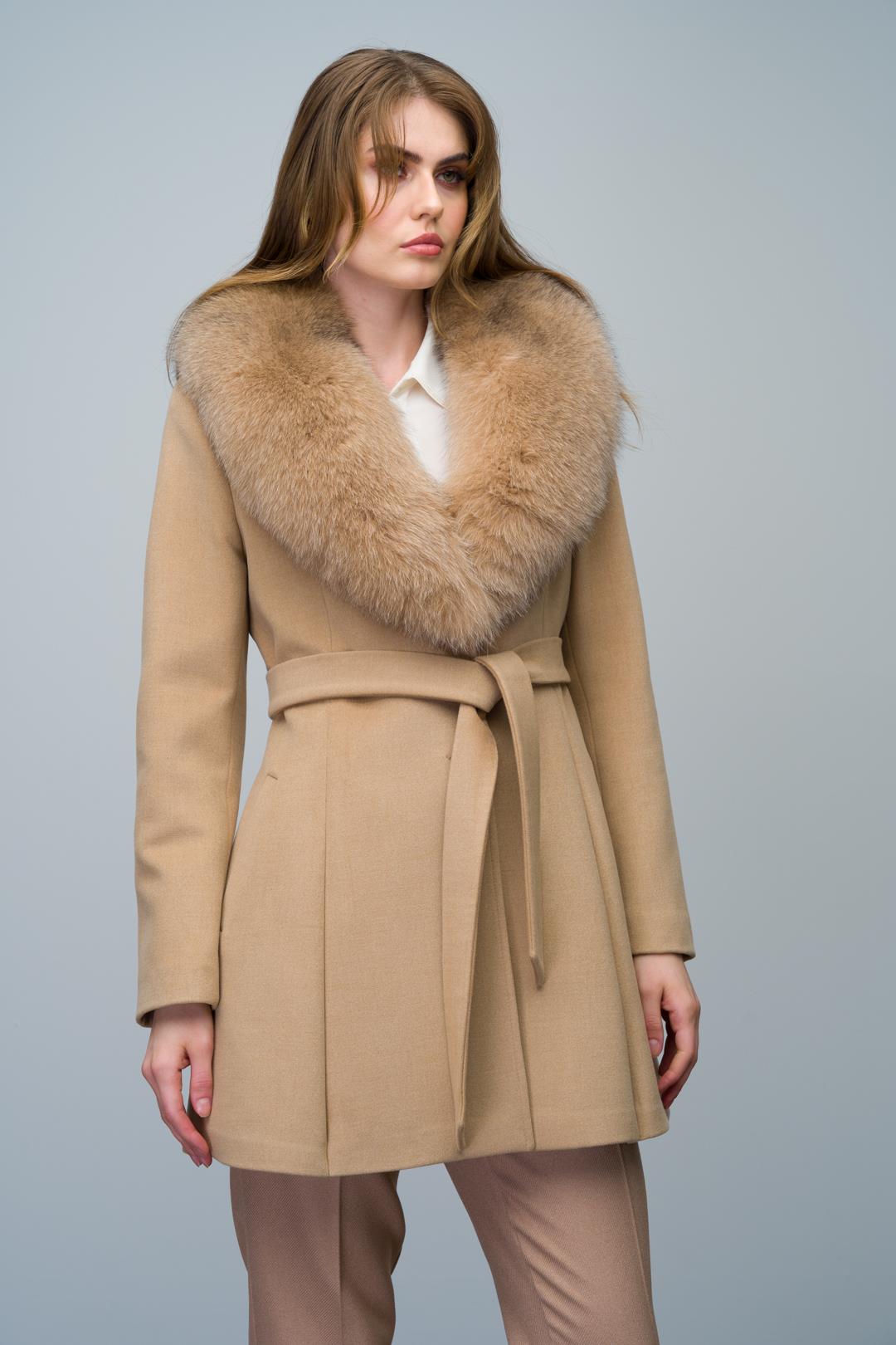 Flared Cashmere Coat with Removable Fur Collar BEIGE 3008-TK