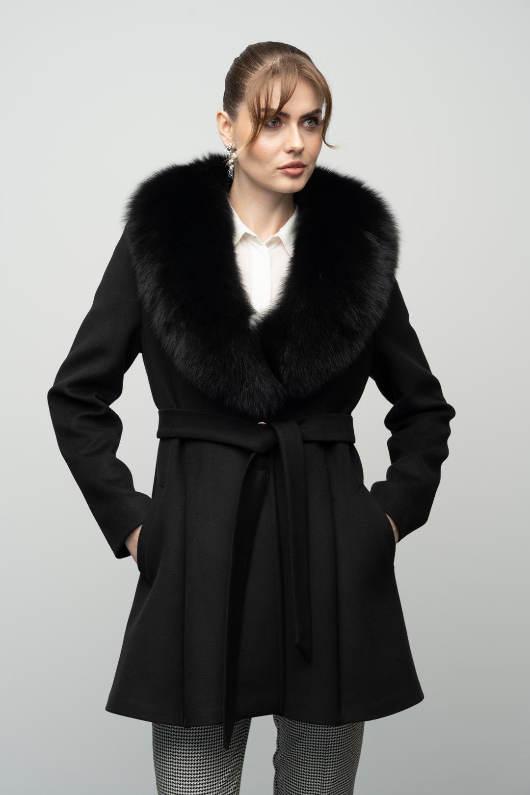 Flared Cashmere Coat with Removable Fur Collar BLACK 3008-TK