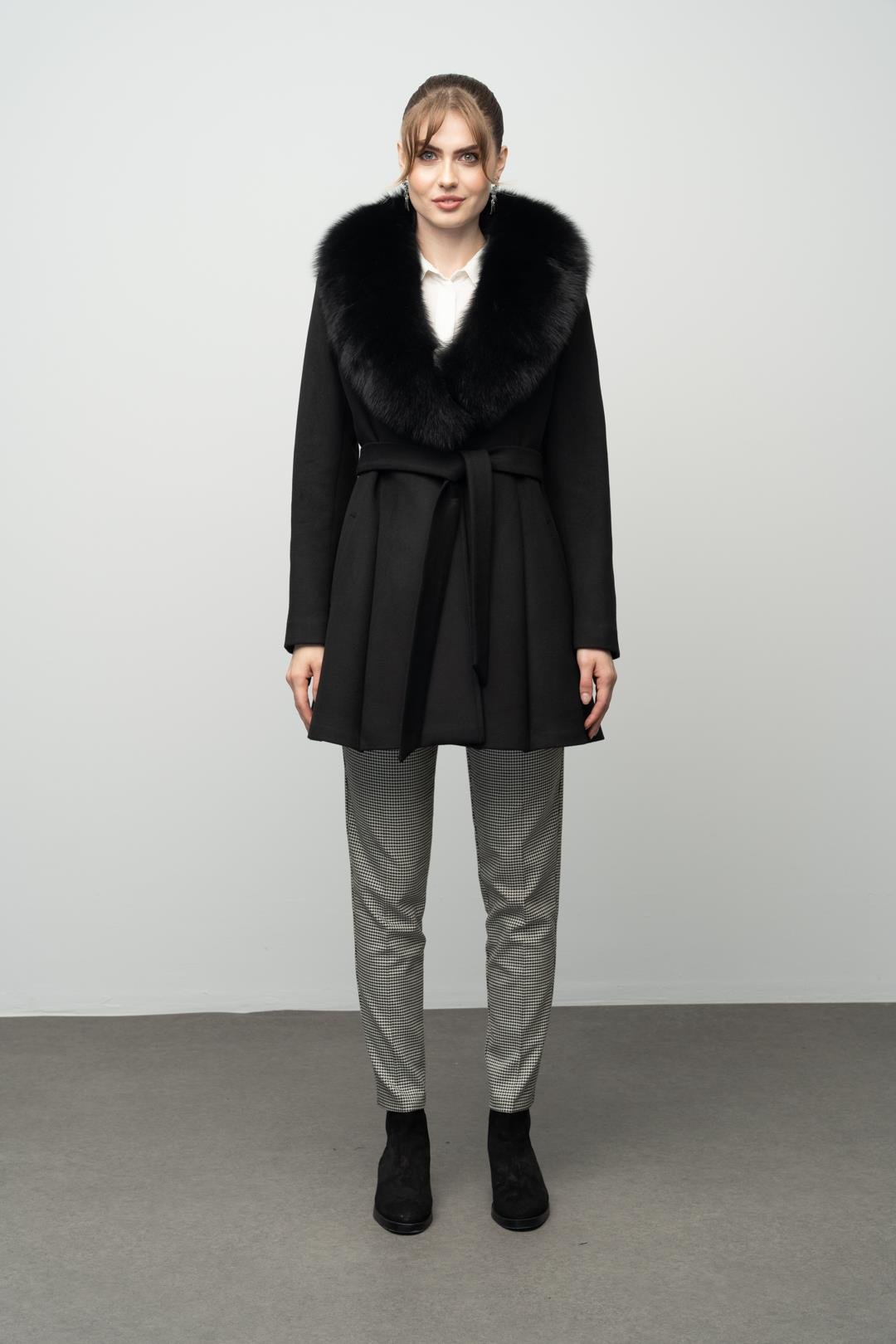 Flared Cashmere Coat with Removable Fur Collar BLACK 3008-TK
