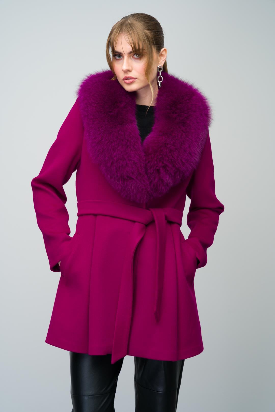 Flared Cashmere Coat with Removable Fur Collar Fuchsia 3008-TK
