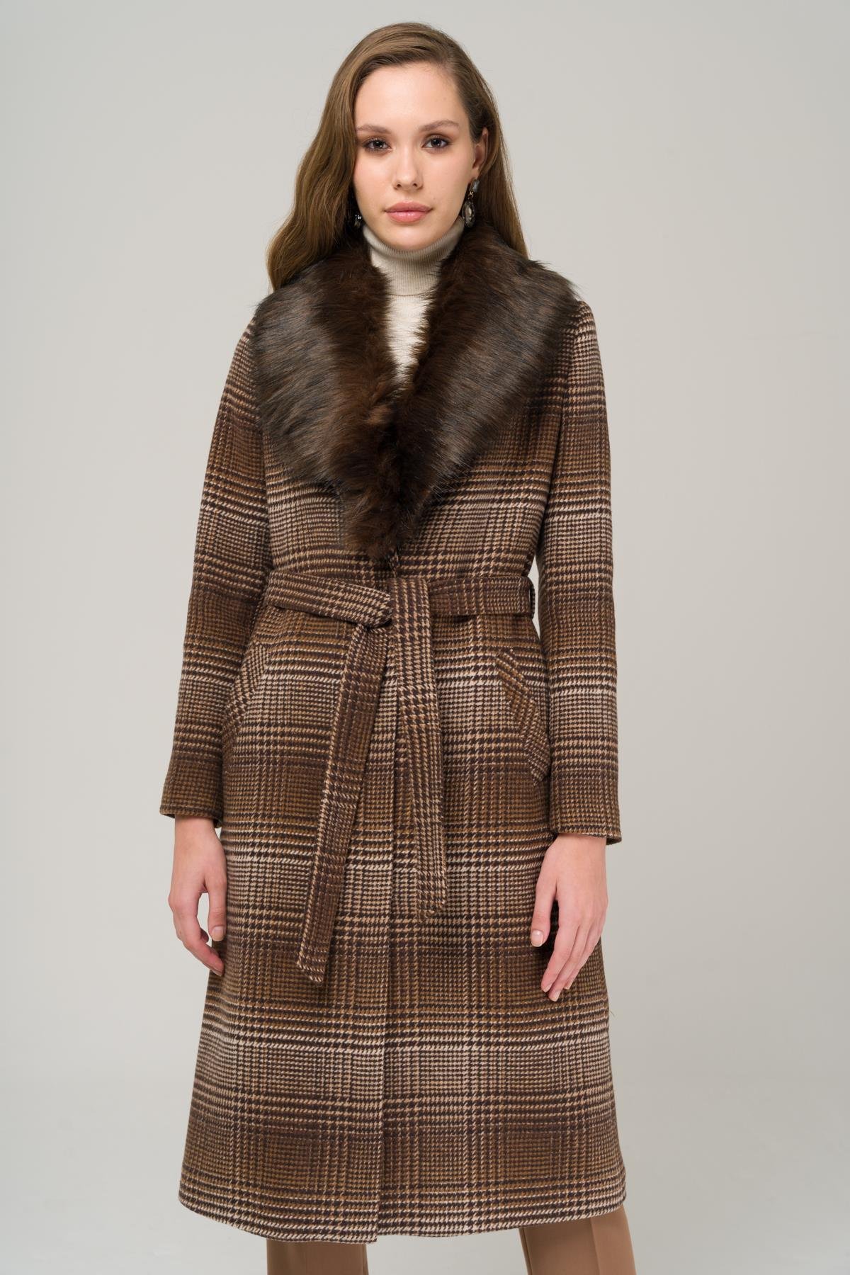 Mid-Length Plaid Coat with Detachable Fur Collar and Tie at the Waist COFFEE 3978