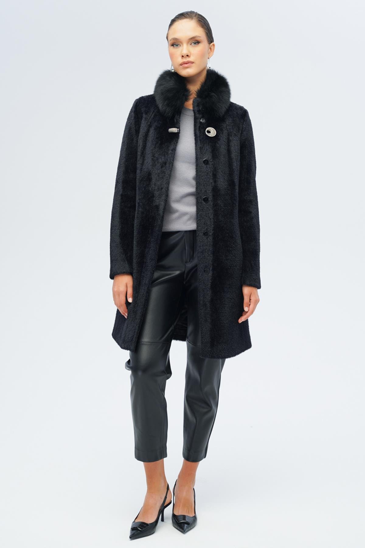 Yakası Çıkabilir Kürklü Özel Çıt Çıt Detaylı Premium Peluş Kaban SİYAH 3121-TK