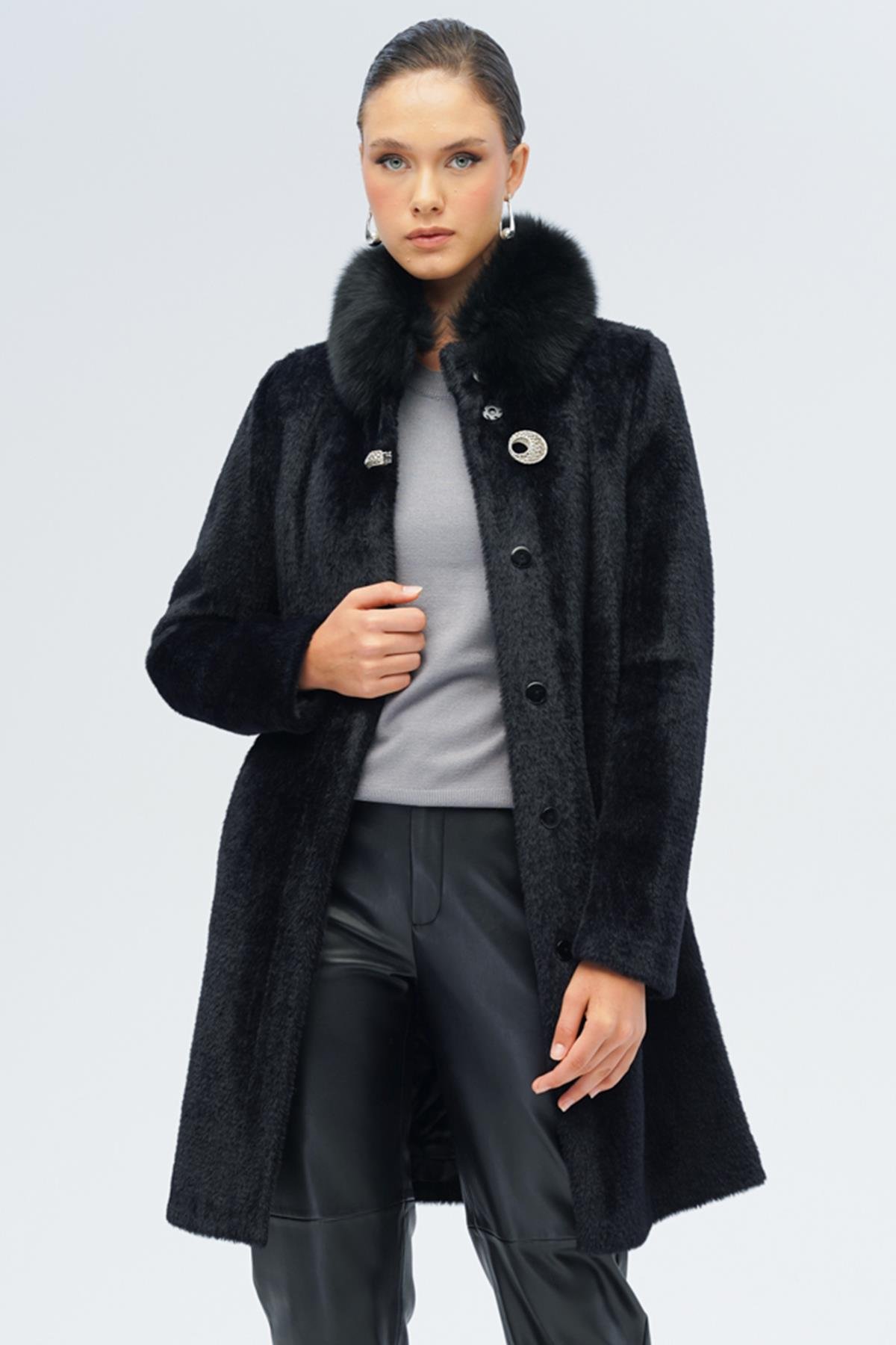 Yakası Çıkabilir Kürklü Özel Çıt Çıt Detaylı Premium Peluş Kaban SİYAH 3121-TK