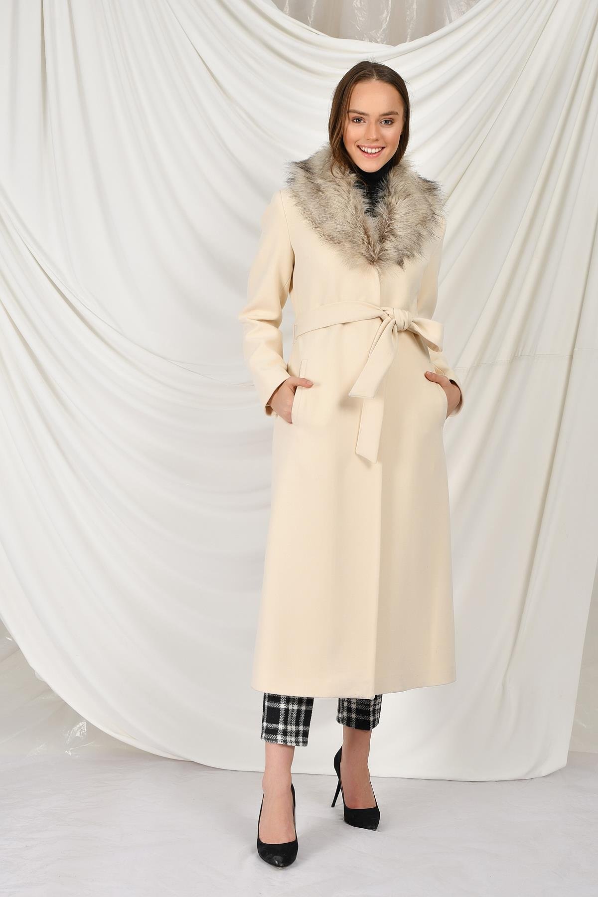 Fur Collared, Tied Waist Mid-Length Coat IVORY 3397