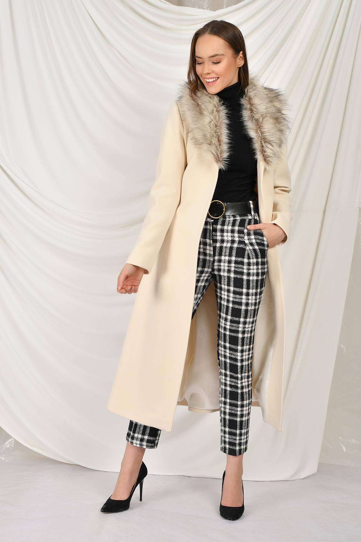 Fur Collared, Tied Waist Mid-Length Coat IVORY 3397