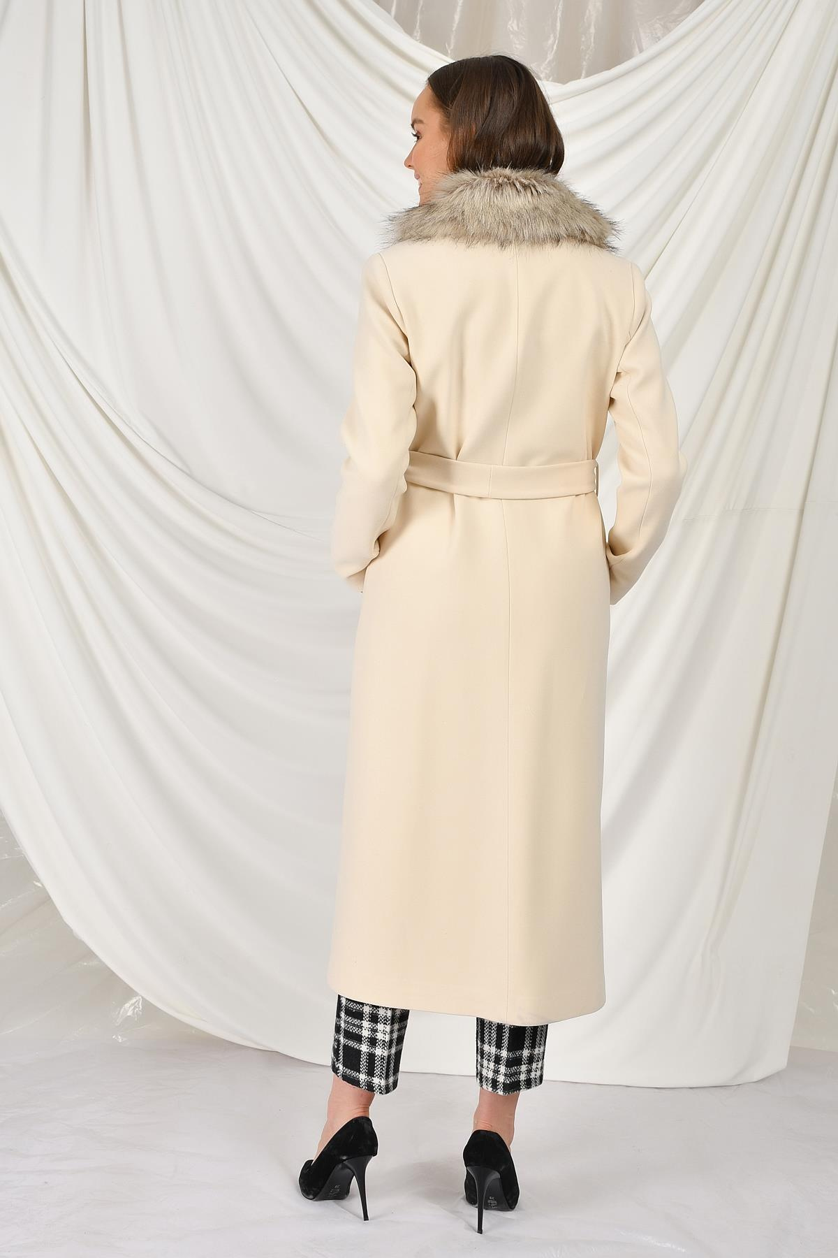 Fur Collared, Tied Waist Mid-Length Coat IVORY 3397