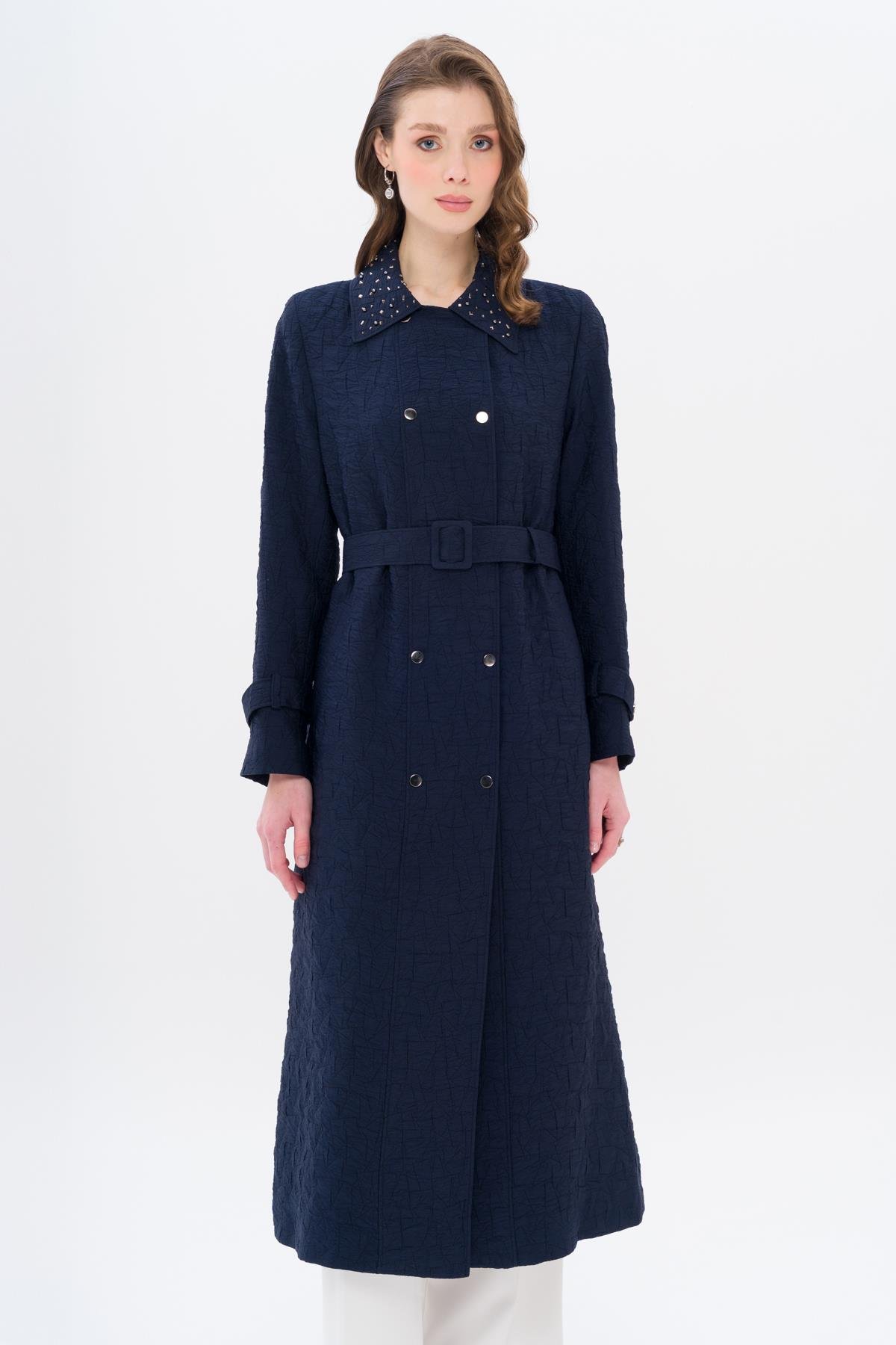 Quilted Patterned Lightweight Coat with Stone Detail on the Collar NAVY 6706