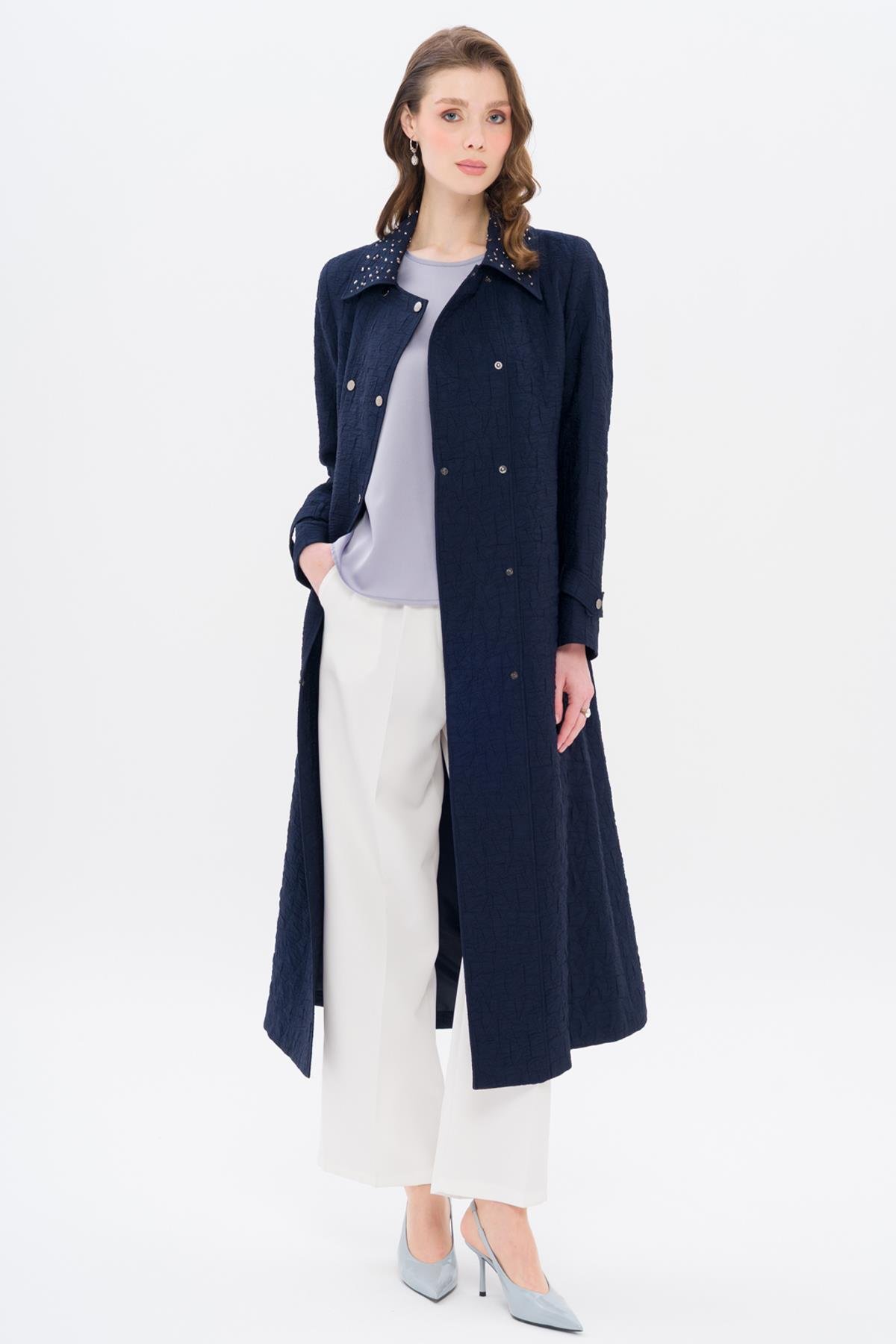 Quilted Patterned Lightweight Coat with Stone Detail on the Collar NAVY 6706