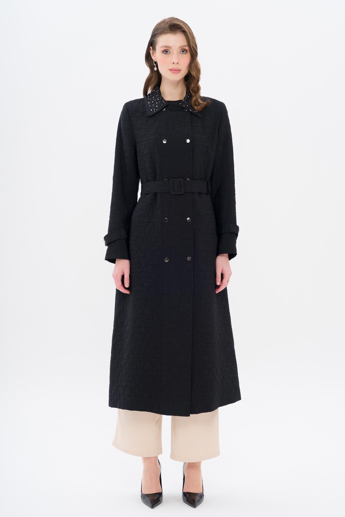 Quilted Patterned Lightweight Coat with Stone Detail on the Collar BLACK 6706