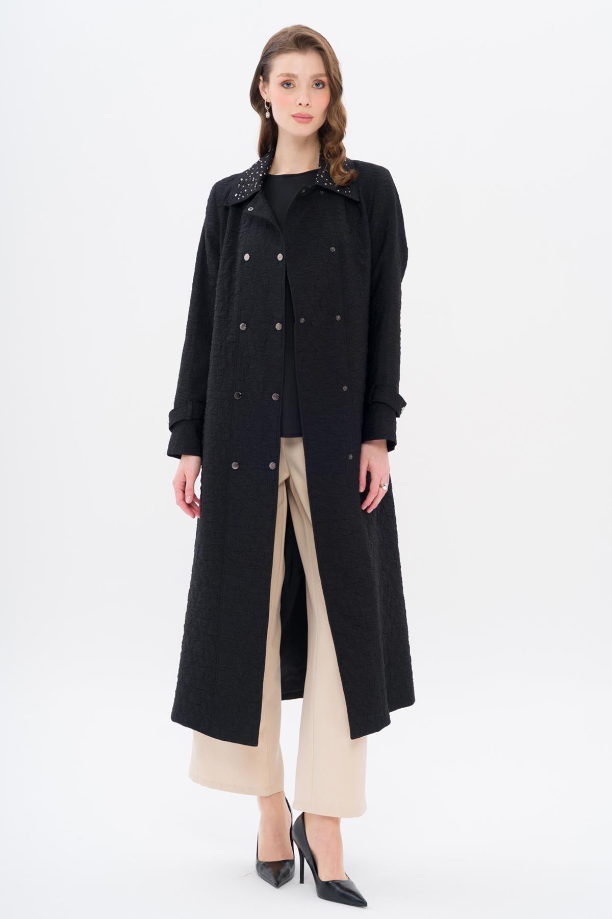Quilted Patterned Lightweight Coat with Stone Detail on the Collar BLACK 6706