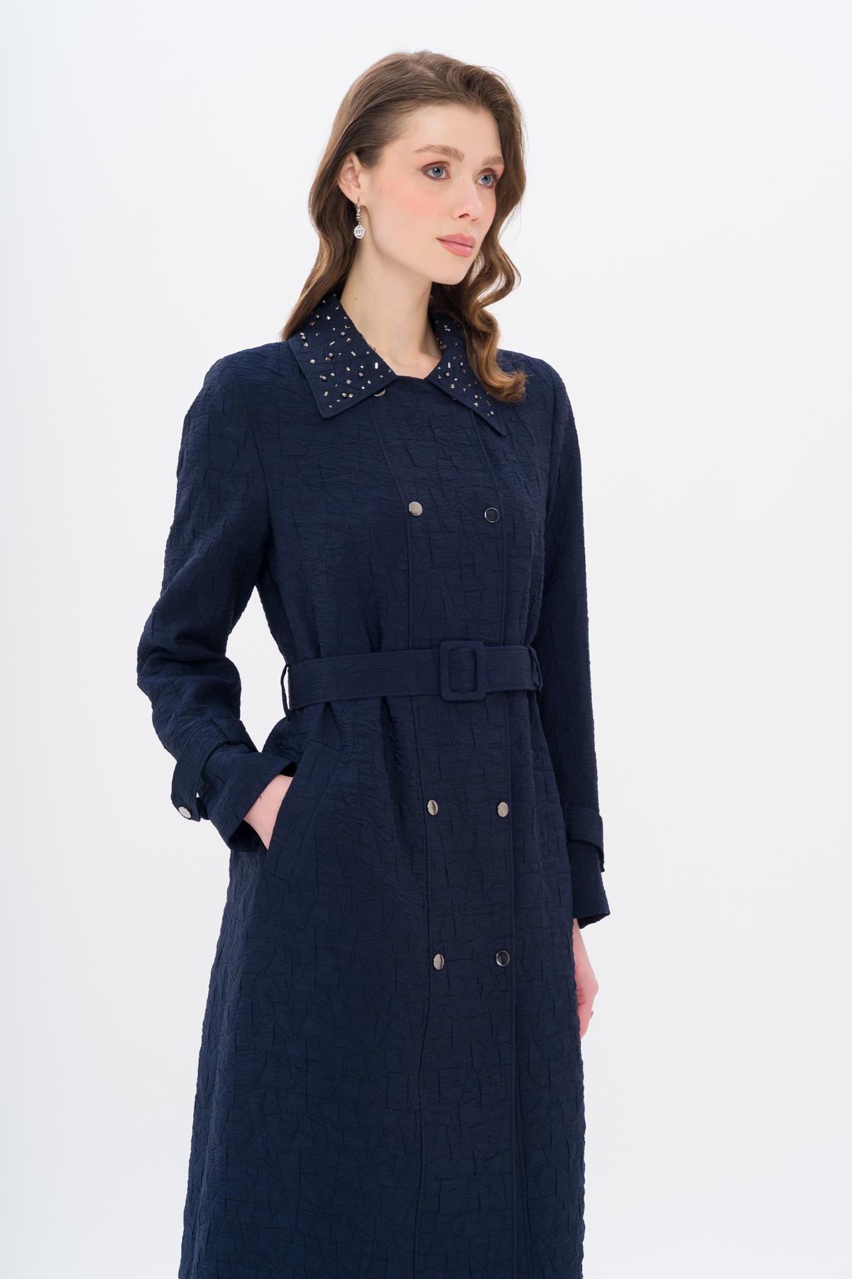 Quilted Patterned Lightweight Coat with Stone Detail on the Collar NAVY 6706