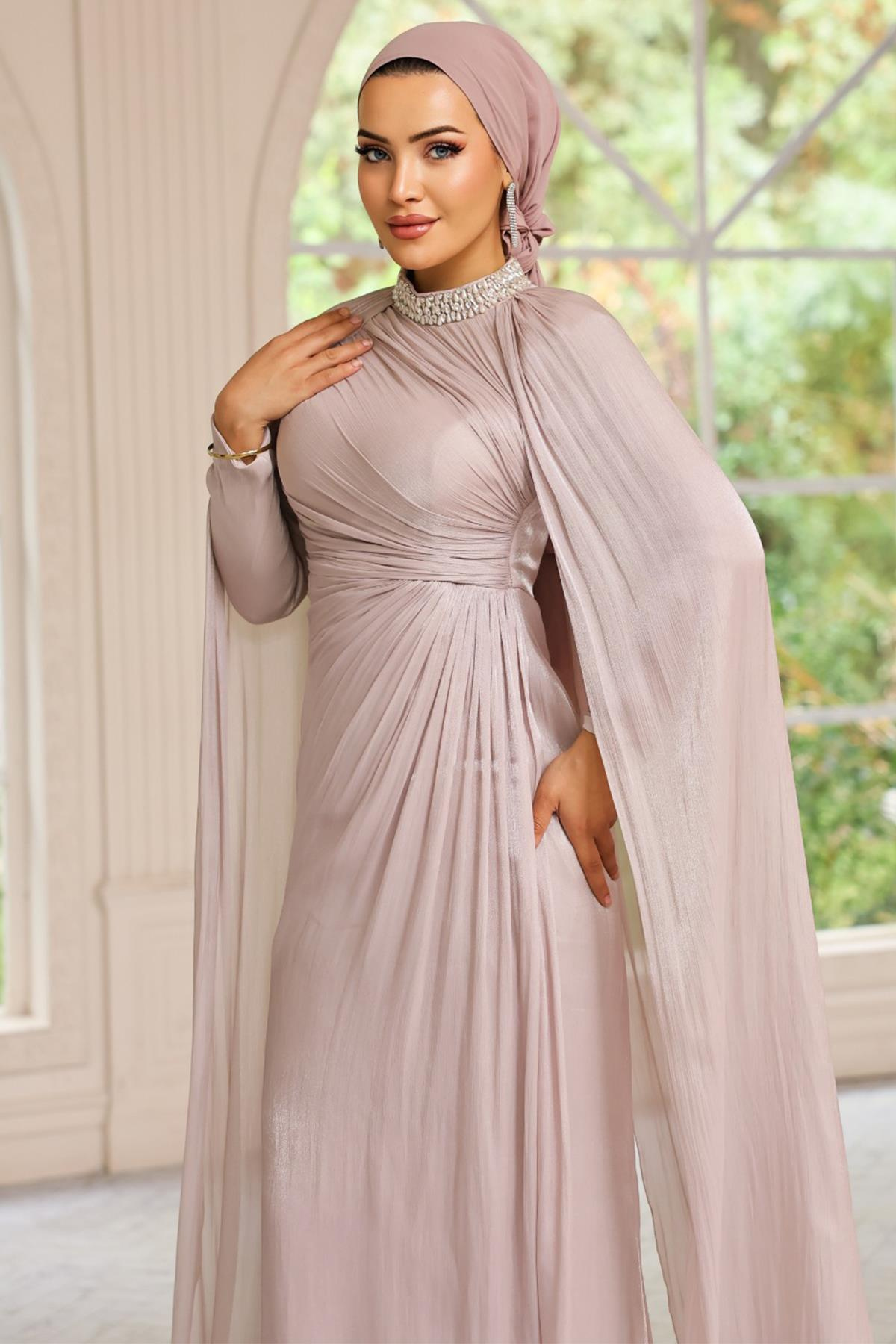 Yakası Taşlı Pelerin Detaylı Yoryo İpek Tesettür Abiye Elbise TAŞ 1247