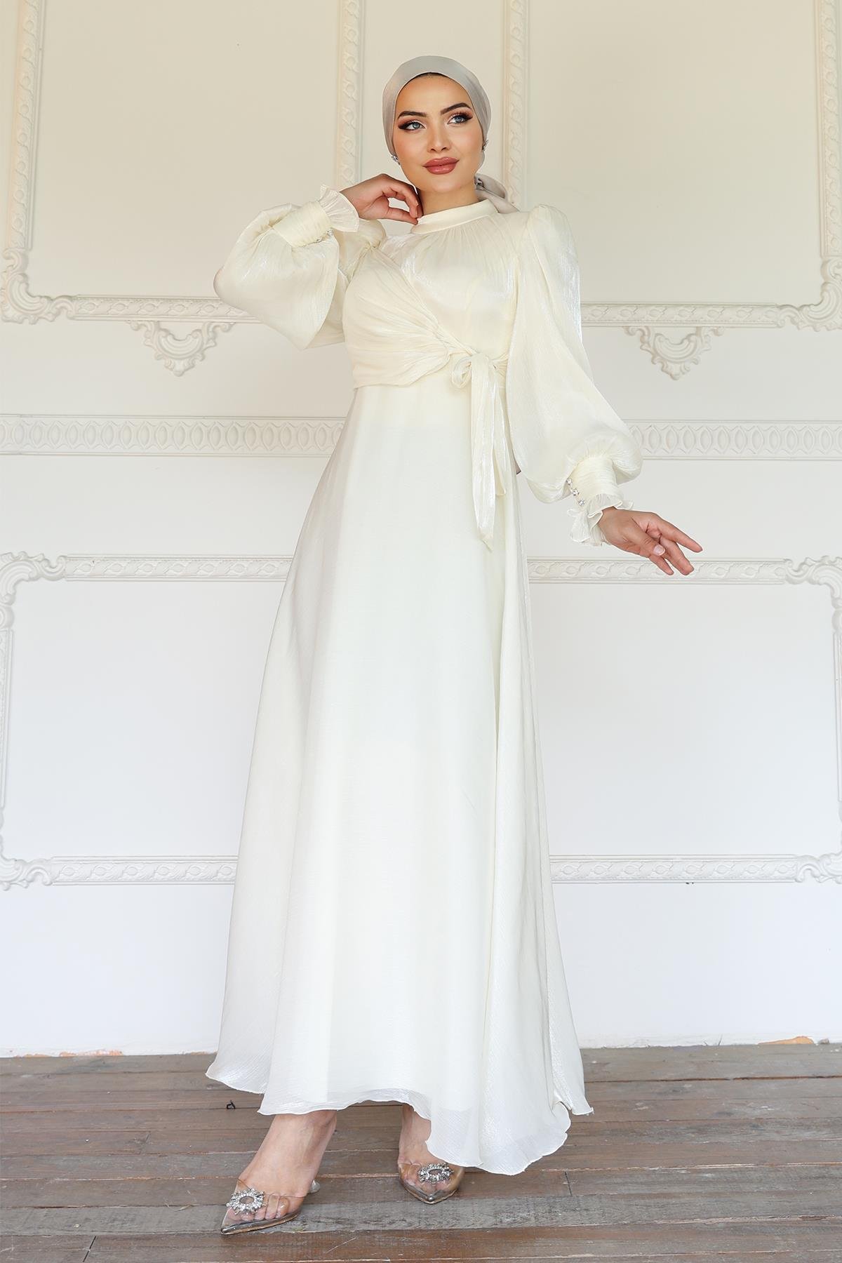 Yoryo Silk Hijab Evening Dress with Side Tie Cuff Detail IVORY 1241