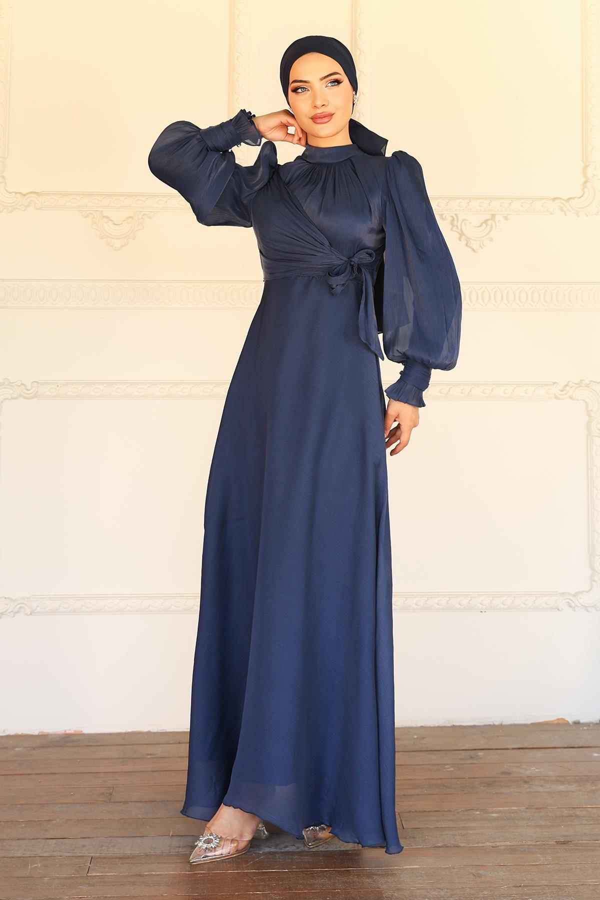 Yoryo Silk Hijab Evening Dress with Side Tie Cuff Detail K. INDIGO 1241