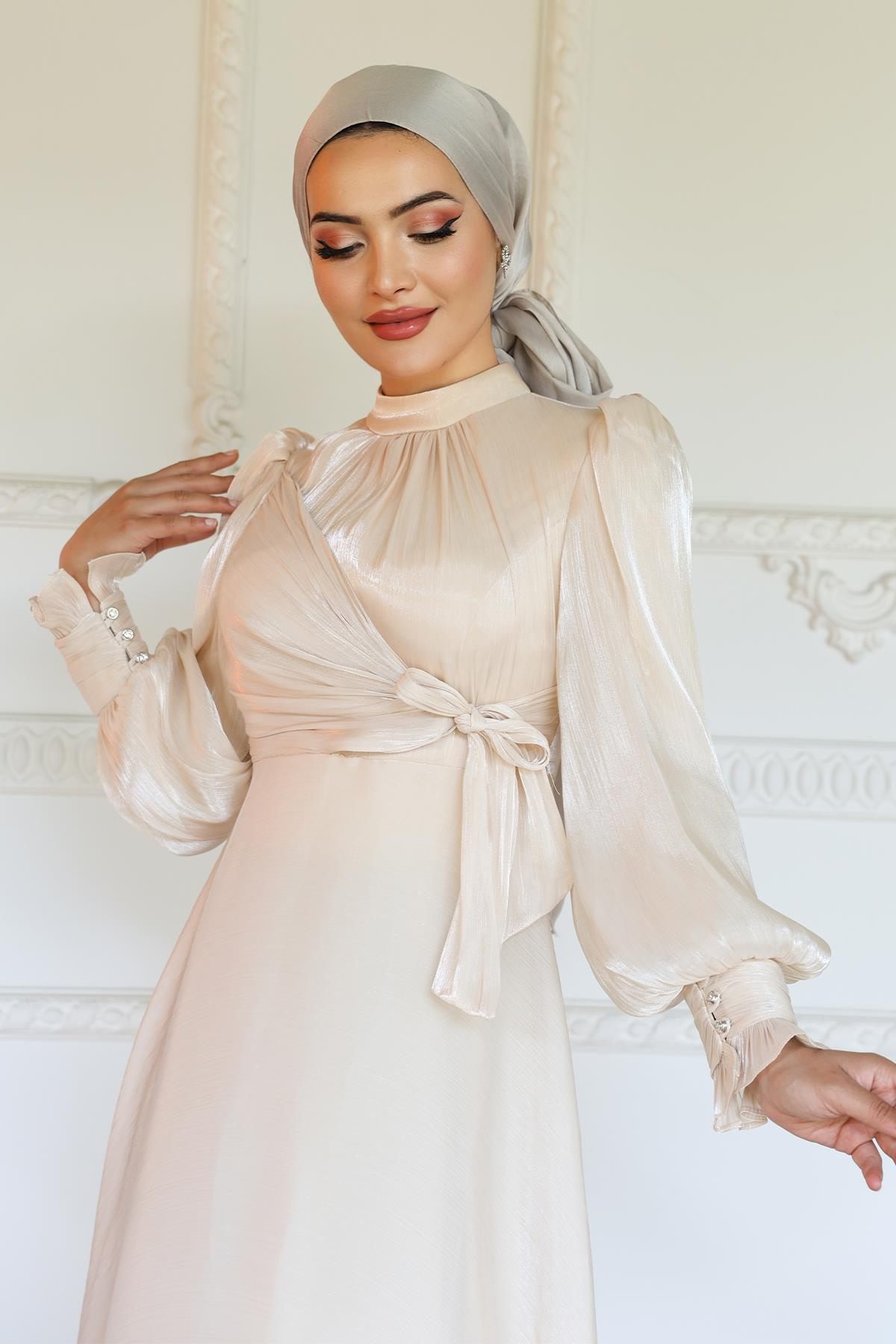 Yoryo Silk Hijab Evening Dress with Side Tie Cuff Detail CREAM 1241