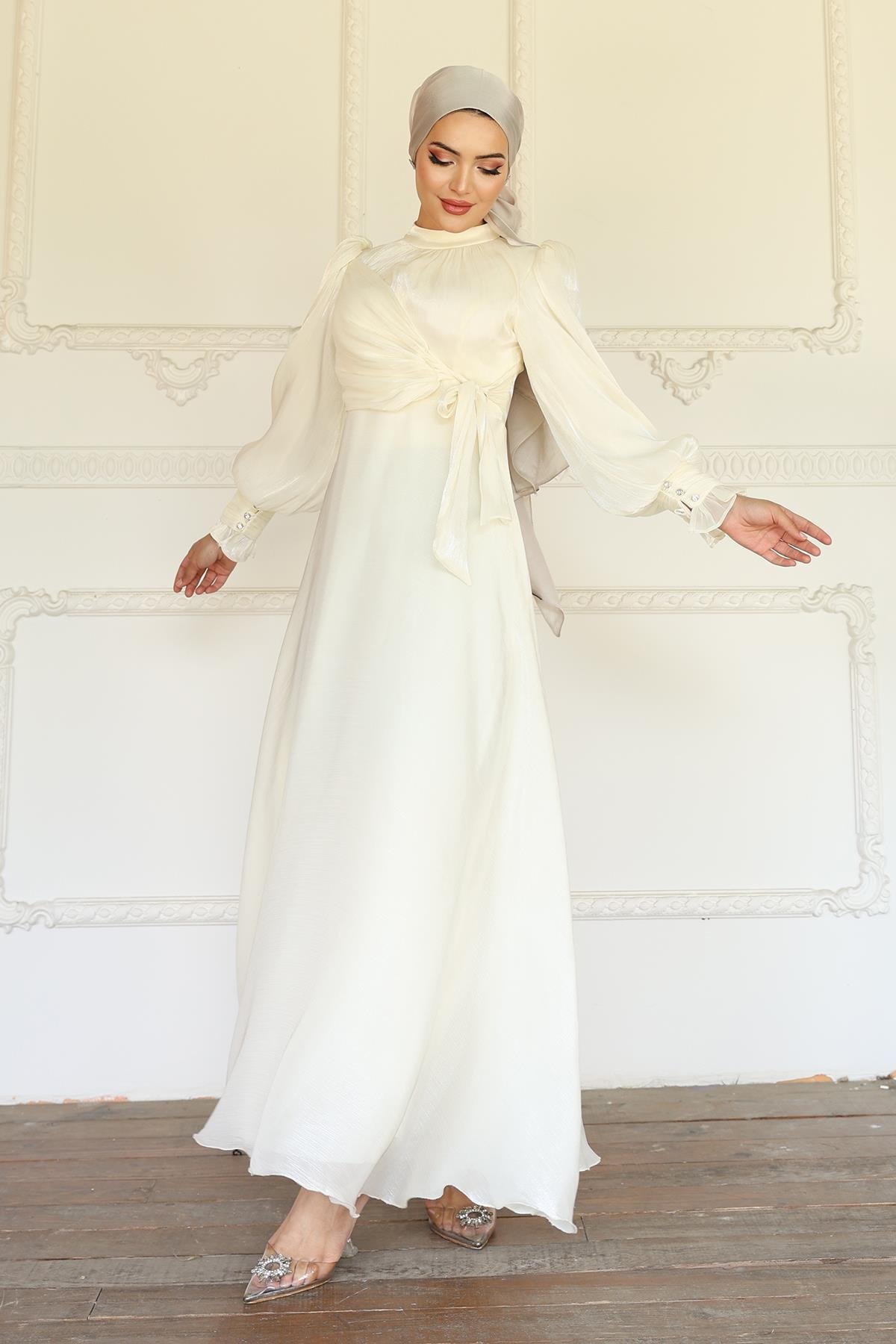 Yoryo Silk Hijab Evening Dress with Side Tie Cuff Detail IVORY 1241