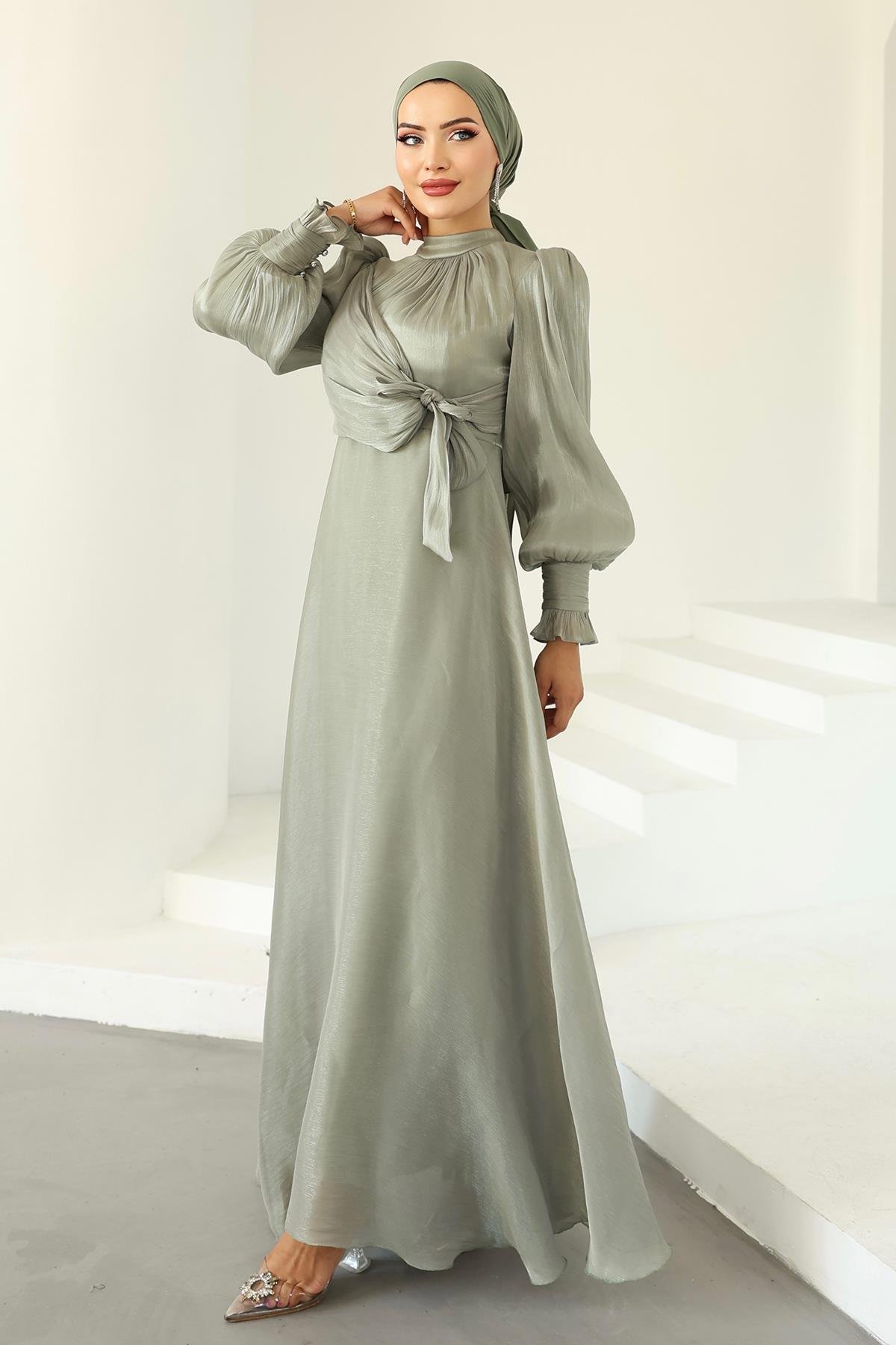 Yoryo Silk Hijab Evening Dress with Side Tie Cuff Detail LIGHT GREEN 1241