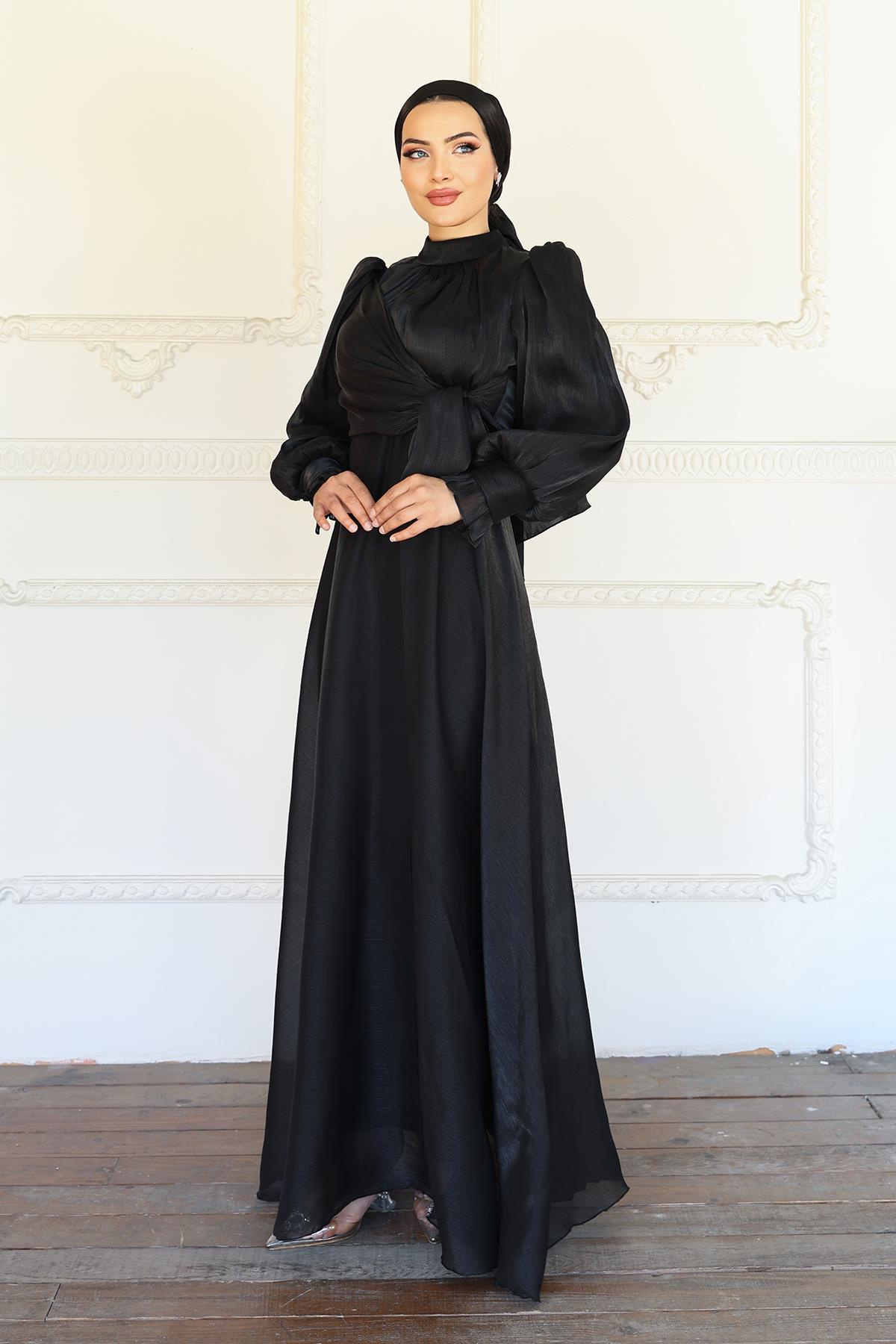 Yoryo Silk Hijab Evening Dress with Side Tie Cuff Detail BLACK 1241