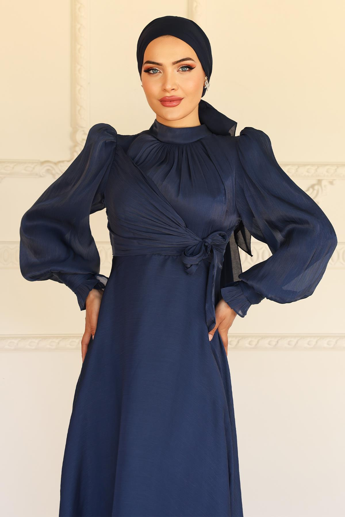 Yoryo Silk Hijab Evening Dress with Side Tie Cuff Detail K. INDIGO 1241