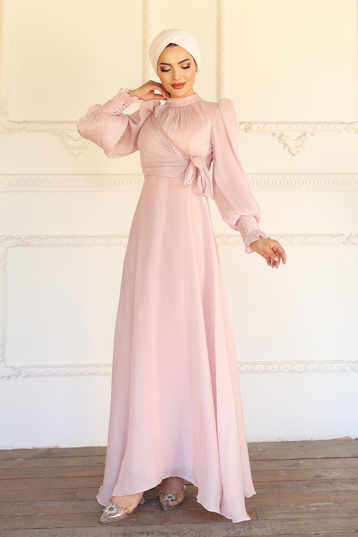 Yoryo Silk Hijab Evening Dress with Side Tie Cuff Detail POWDER 1241