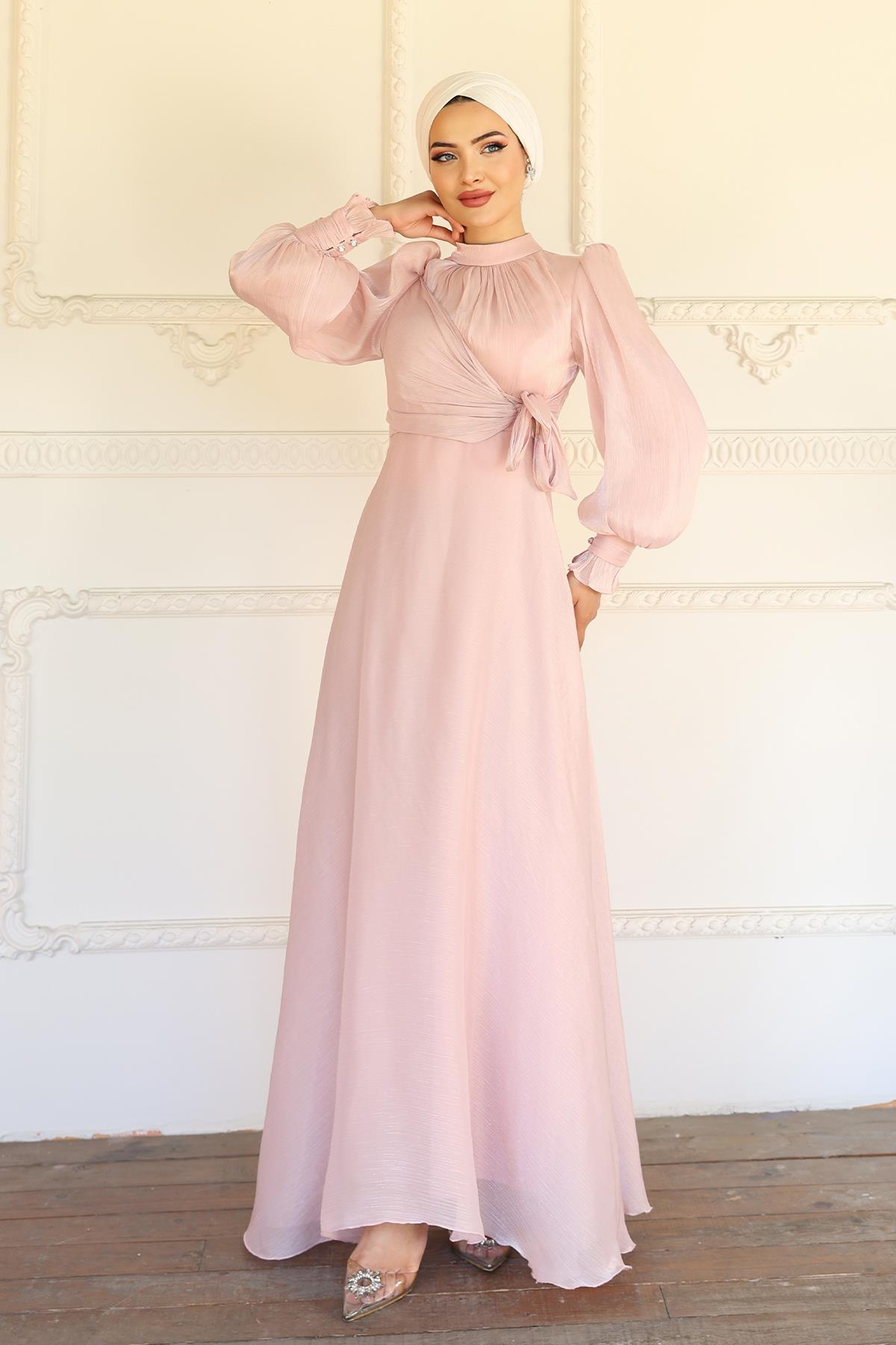 Yoryo Silk Hijab Evening Dress with Side Tie Cuff Detail POWDER 1241