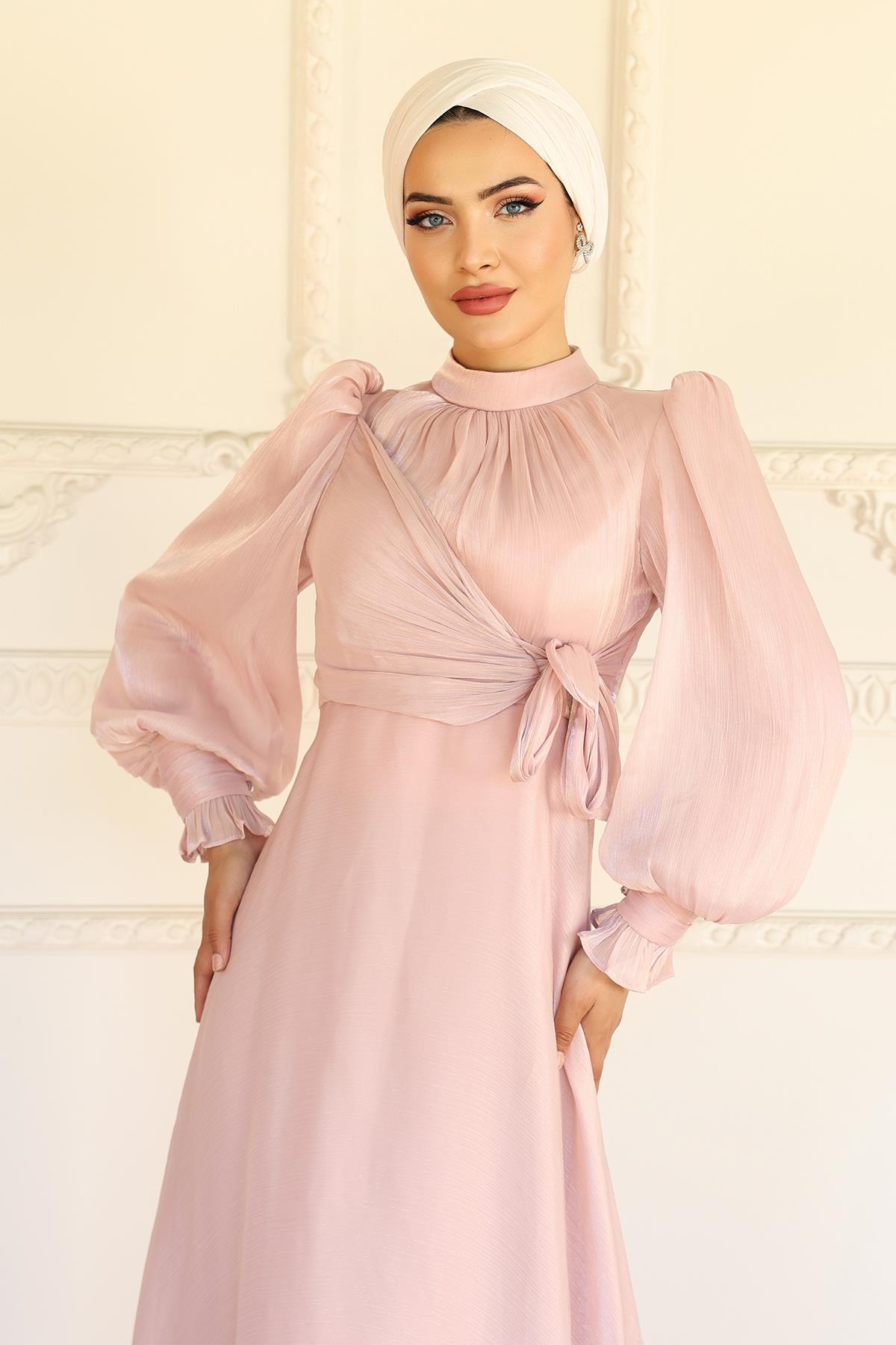 Yoryo Silk Hijab Evening Dress with Side Tie Cuff Detail POWDER 1241