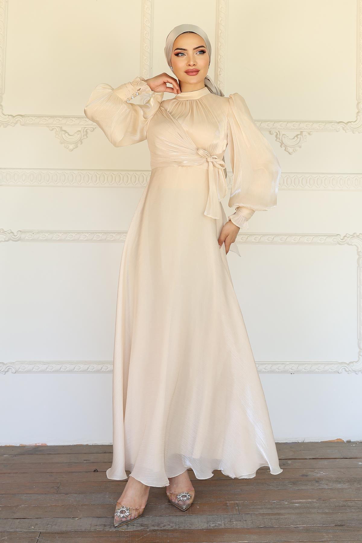 Yoryo Silk Hijab Evening Dress with Side Tie Cuff Detail CREAM 1241