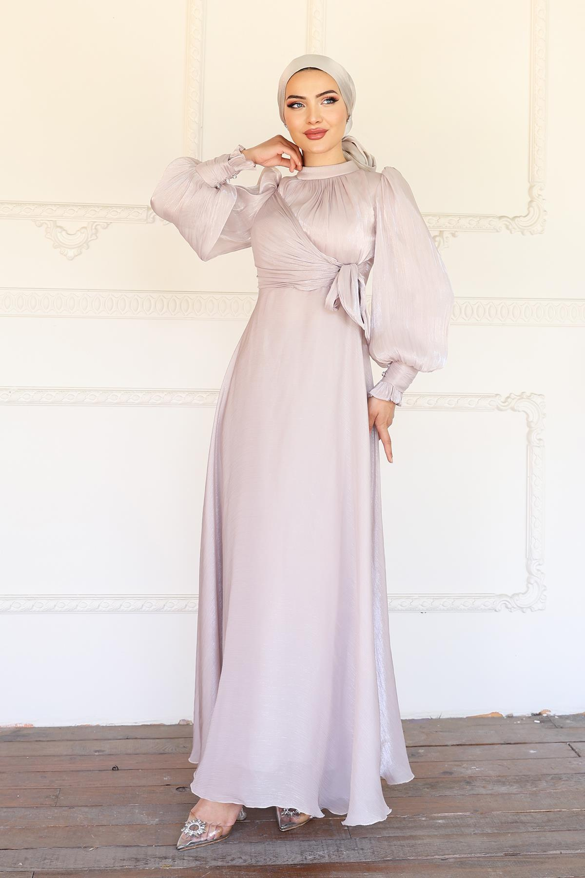 Yoryo Silk Hijab Evening Dress with Side Tie Cuff Detail STONE 1241