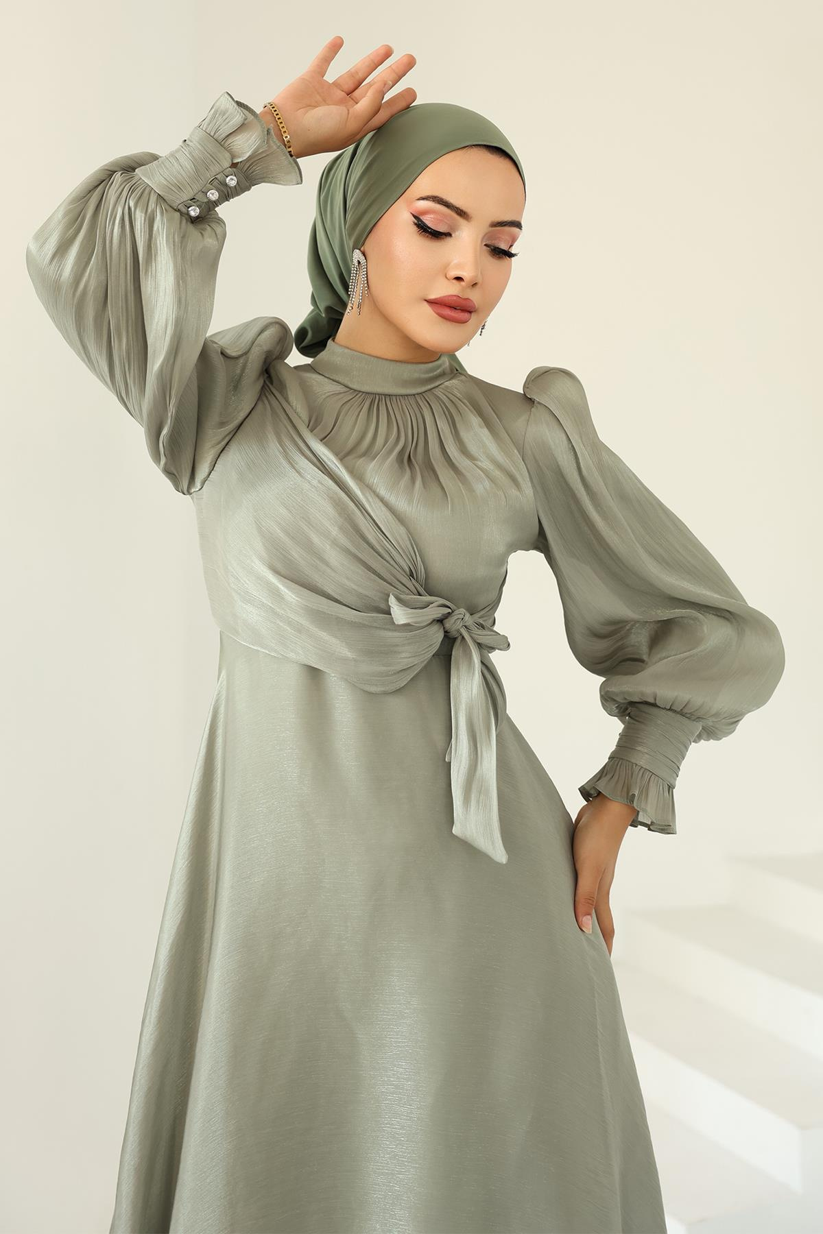 Yoryo Silk Hijab Evening Dress with Side Tie Cuff Detail LIGHT GREEN 1241
