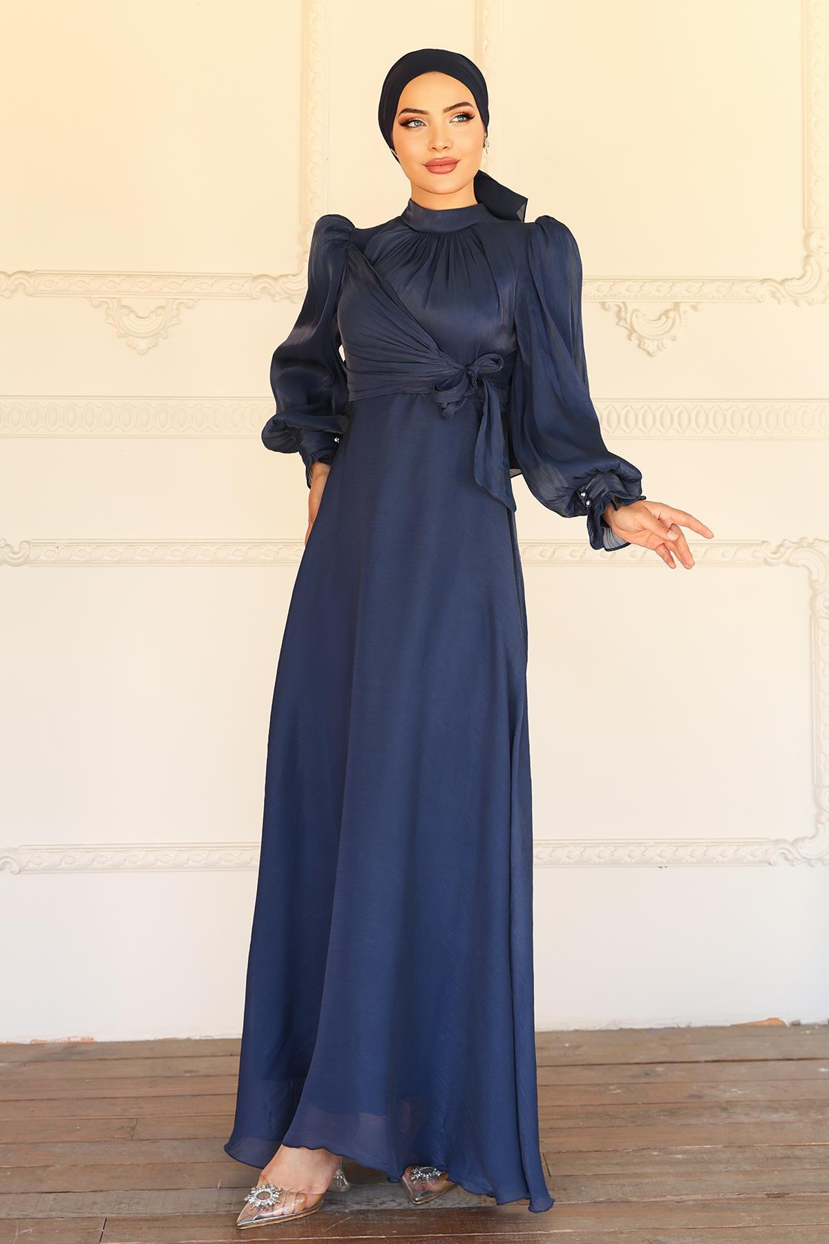 Yoryo Silk Hijab Evening Dress with Side Tie Cuff Detail K. INDIGO 1241