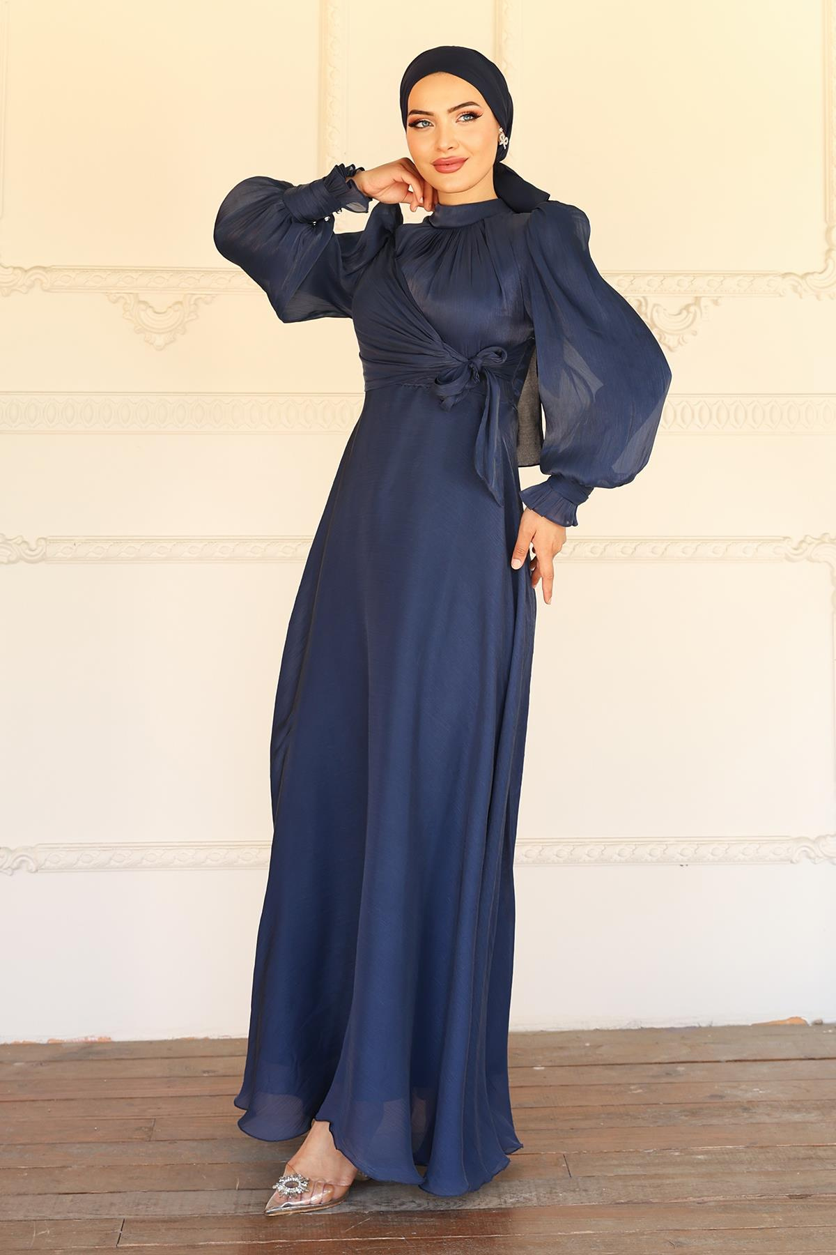 Yoryo Silk Hijab Evening Dress with Side Tie Cuff Detail K. INDIGO 1241