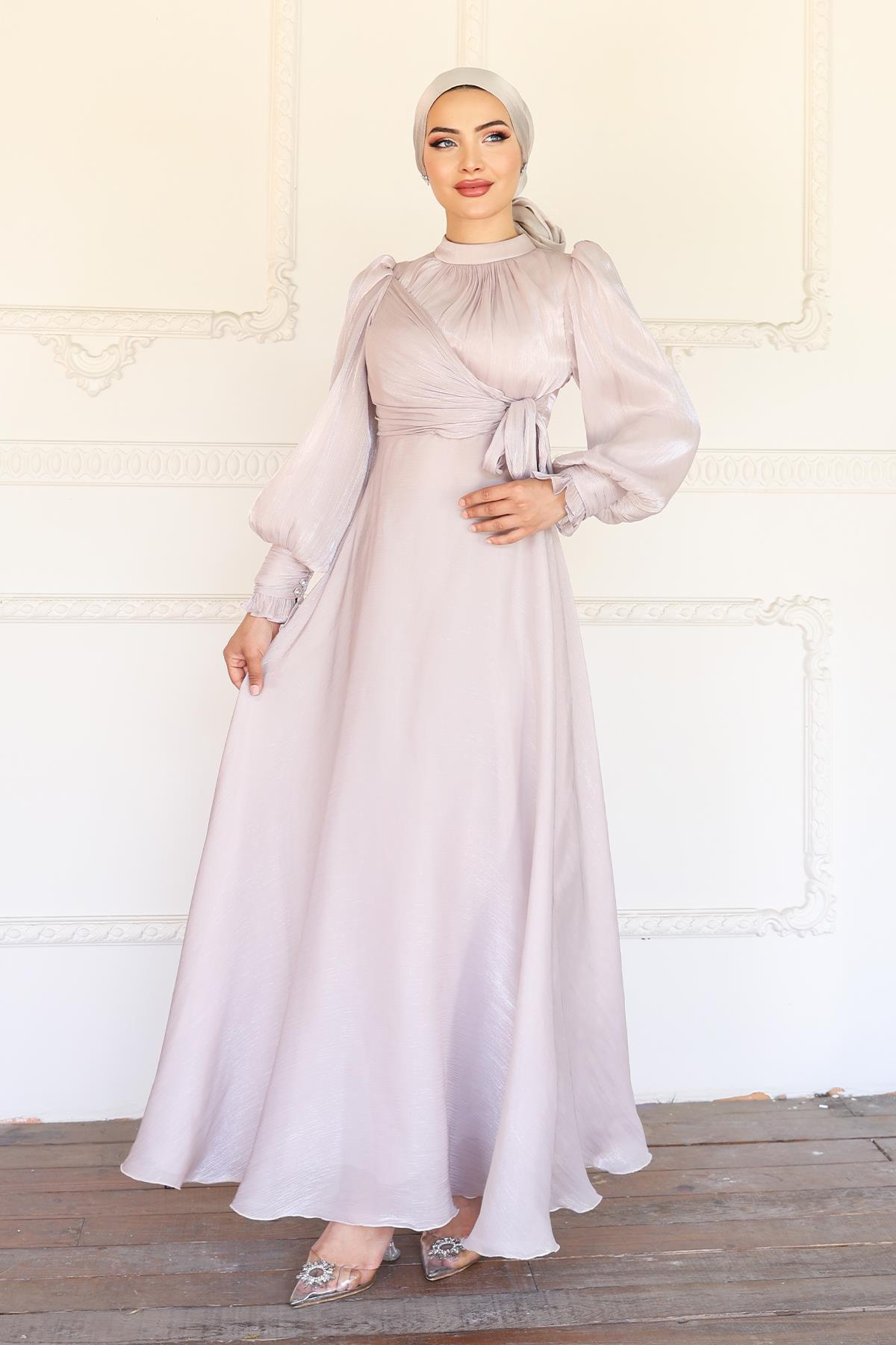 Yoryo Silk Hijab Evening Dress with Side Tie Cuff Detail STONE 1241