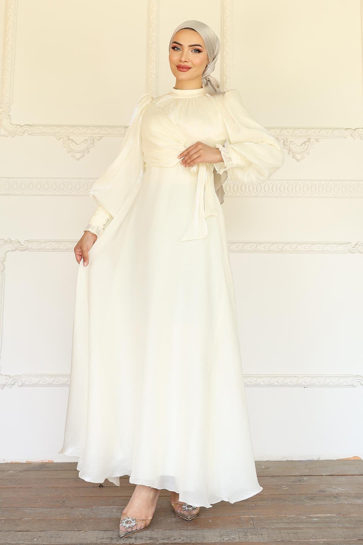 Yoryo Silk Hijab Evening Dress with Side Tie Cuff Detail IVORY 1241