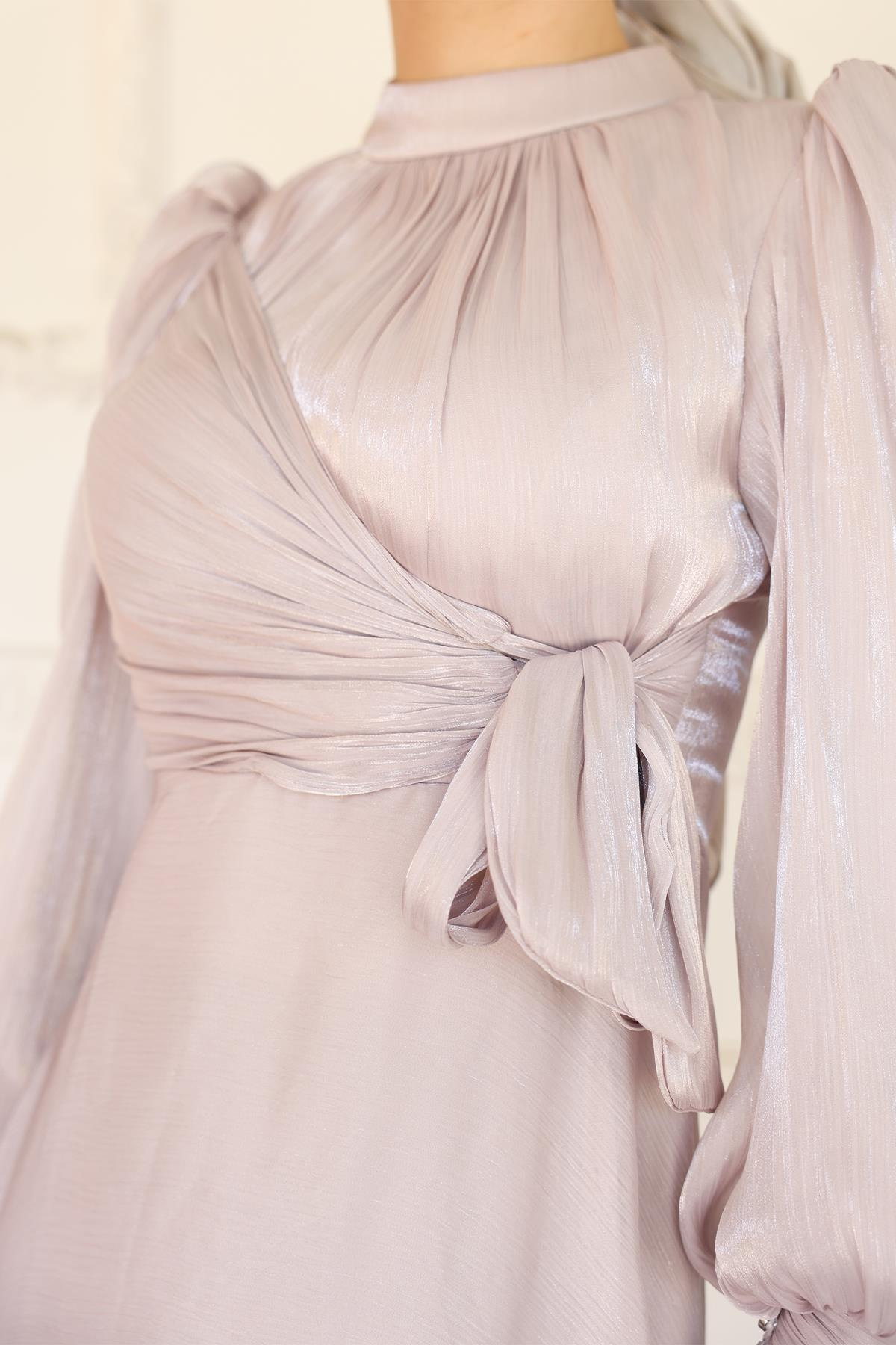 Yoryo Silk Hijab Evening Dress with Side Tie Cuff Detail STONE 1241