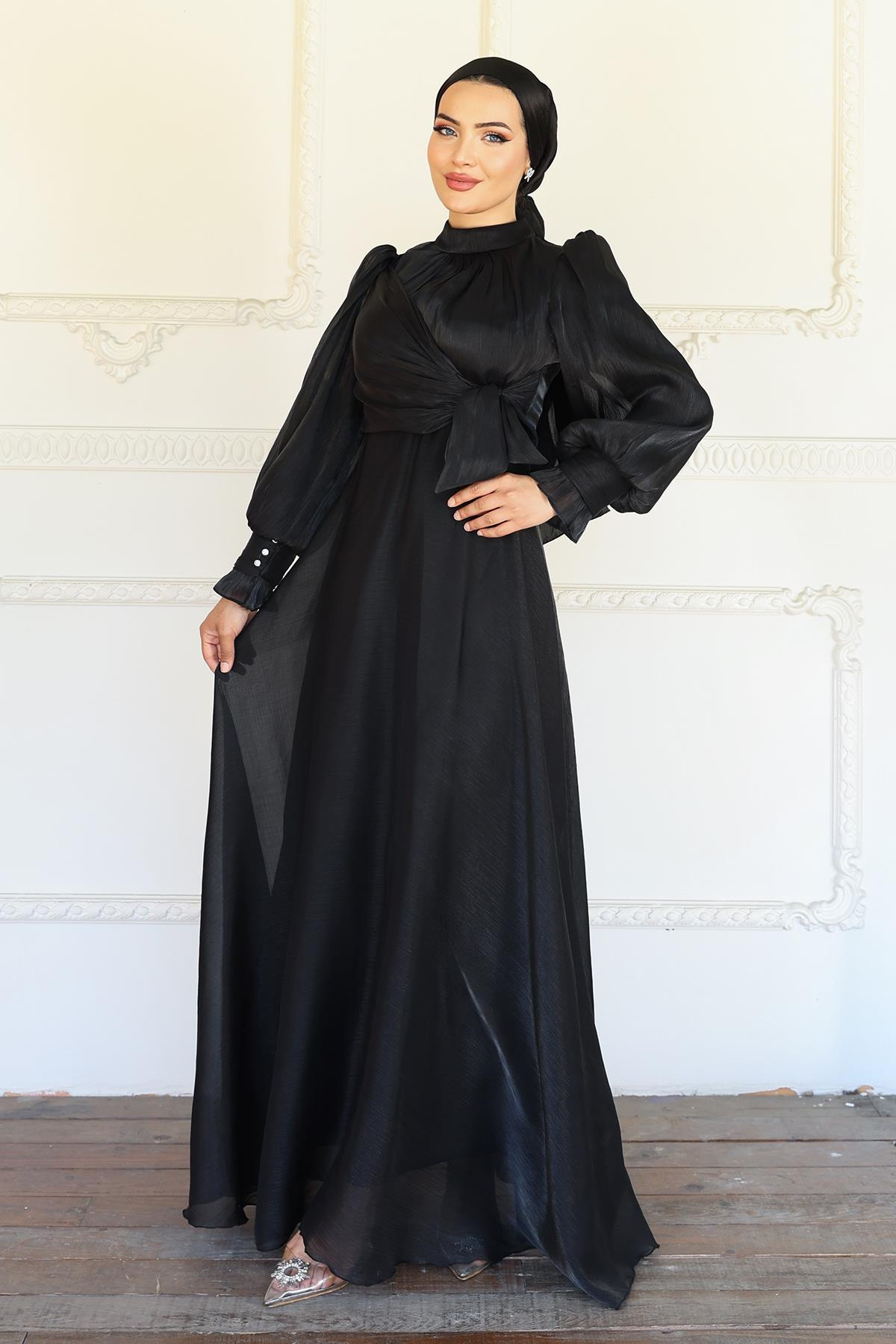 Yoryo Silk Hijab Evening Dress with Side Tie Cuff Detail BLACK 1241