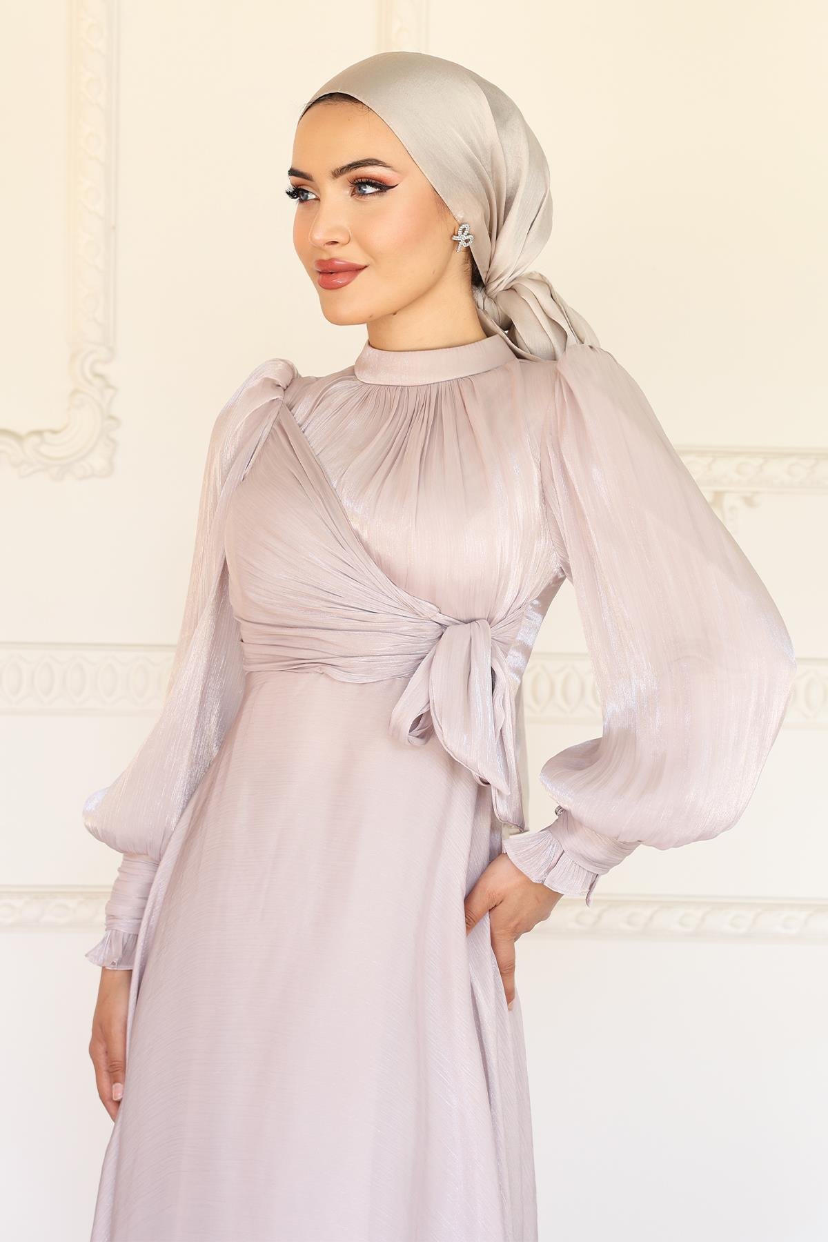 Yoryo Silk Hijab Evening Dress with Side Tie Cuff Detail STONE 1241