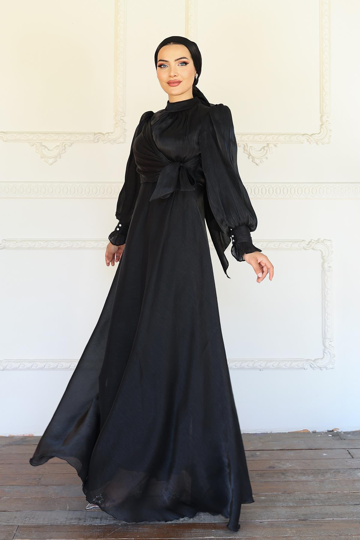 Yoryo Silk Hijab Evening Dress with Side Tie Cuff Detail BLACK 1241