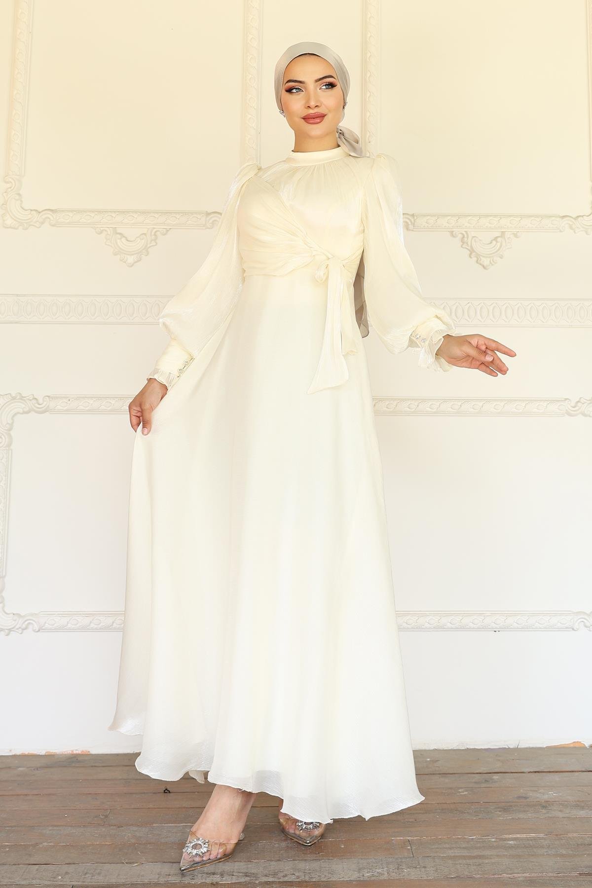 Yoryo Silk Hijab Evening Dress with Side Tie Cuff Detail IVORY 1241