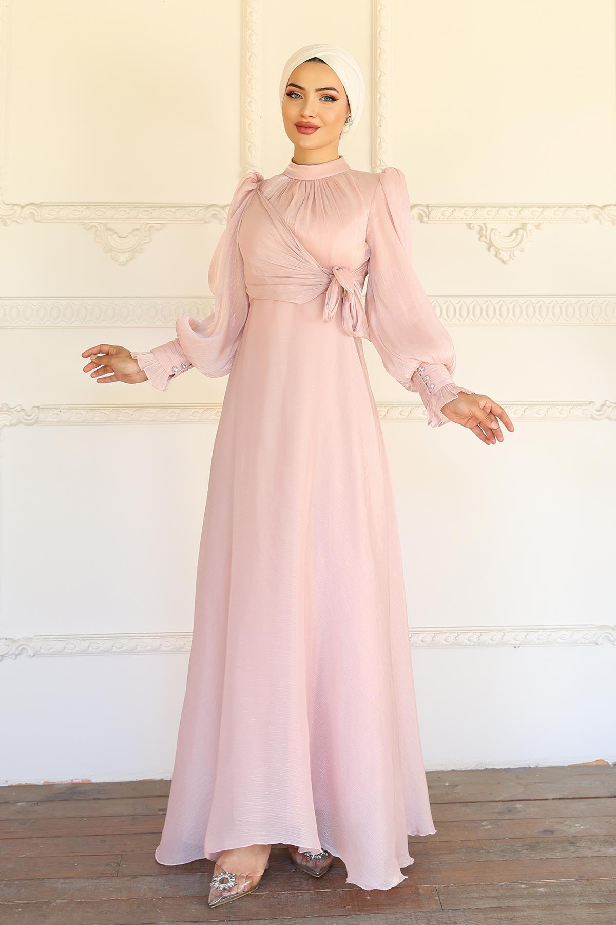 Yoryo Silk Hijab Evening Dress with Side Tie Cuff Detail POWDER 1241