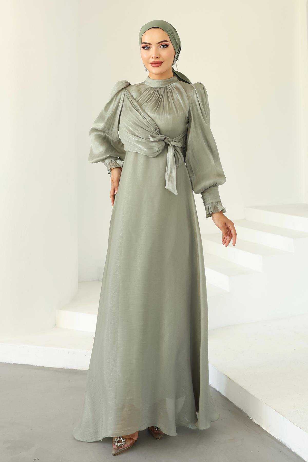 Yoryo Silk Hijab Evening Dress with Side Tie Cuff Detail LIGHT GREEN 1241