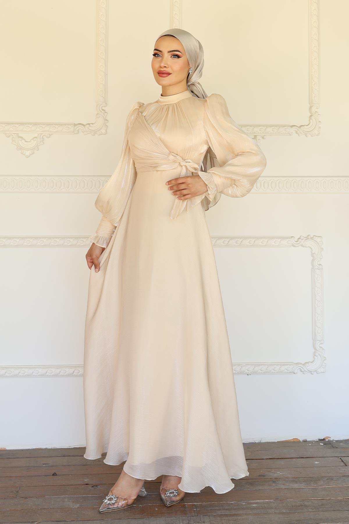 Yoryo Silk Hijab Evening Dress with Side Tie Cuff Detail CREAM 1241