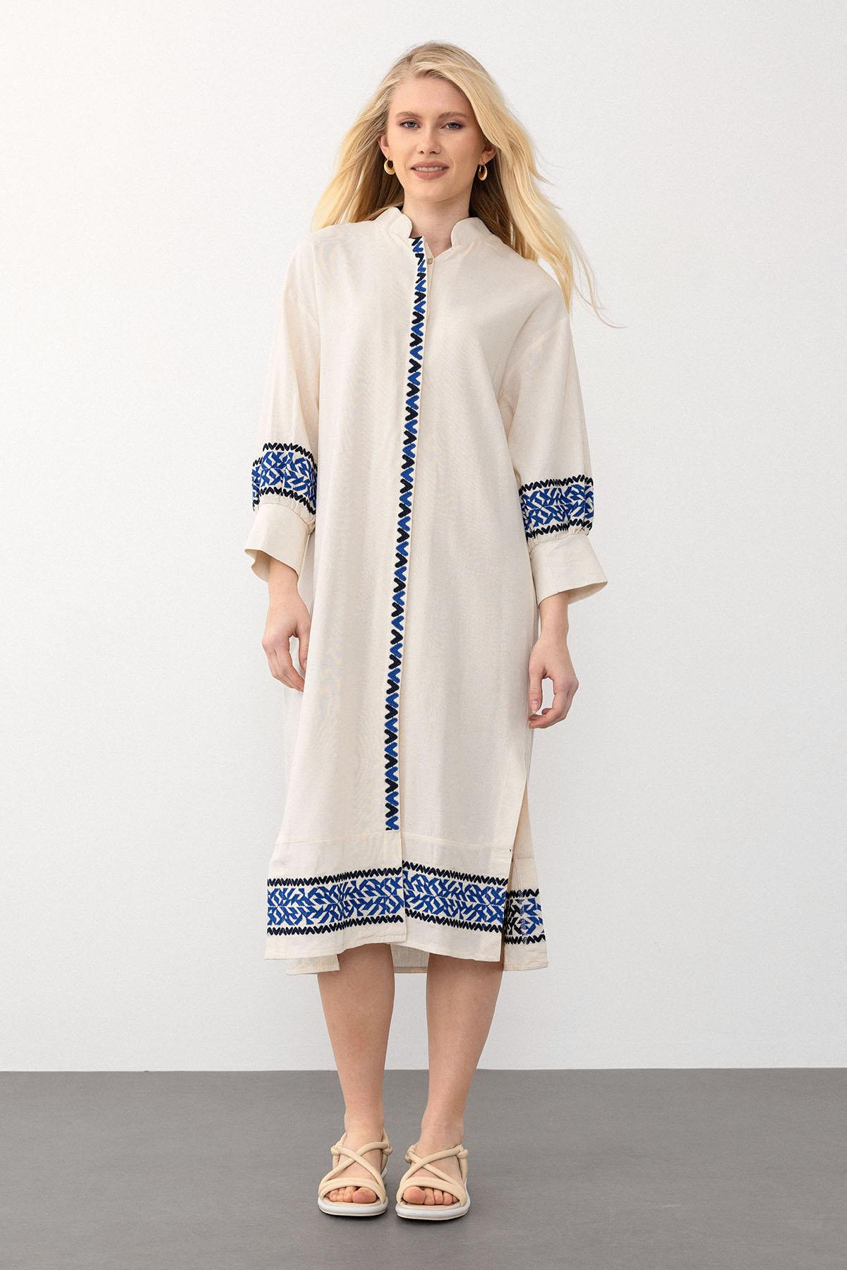 Embroidered Poplin Dress with Side Slits BEJ SCISSORS 9291-E