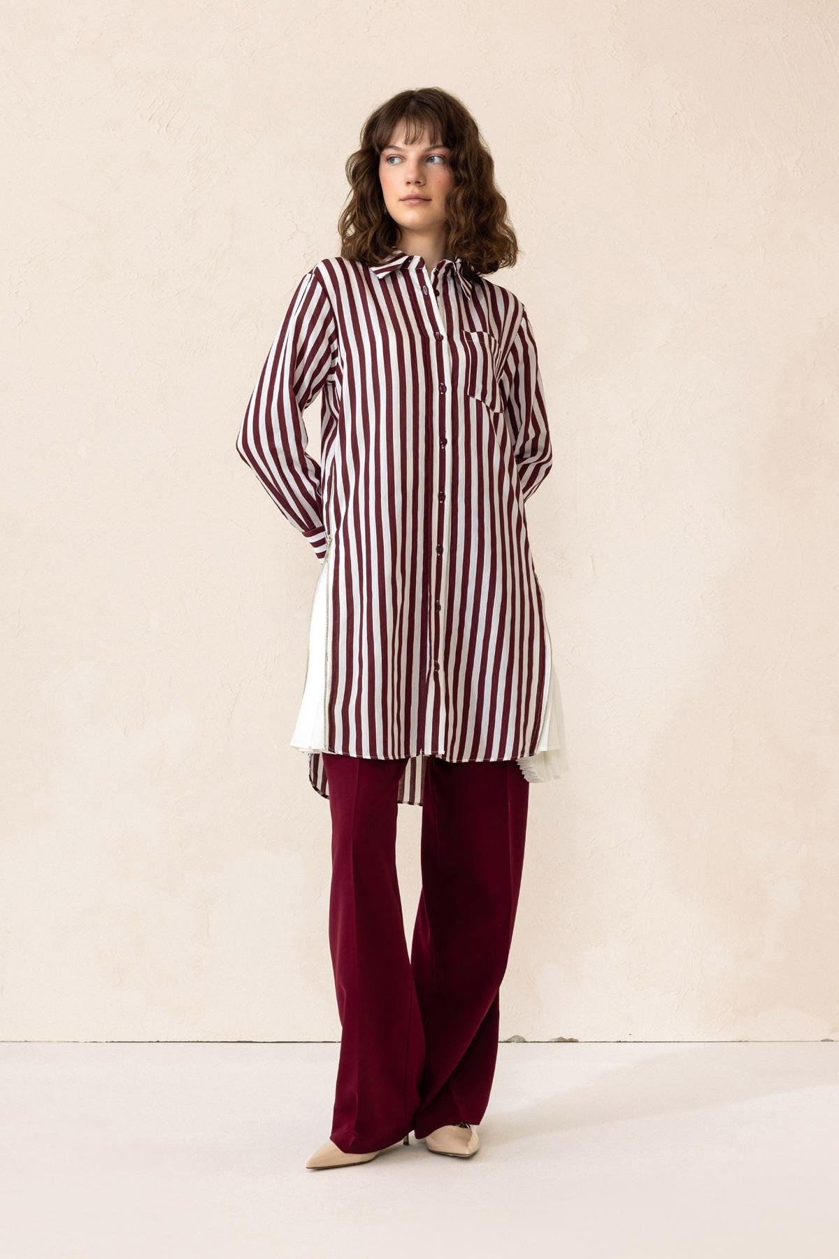 Striped Tunic with Side Zipper and Pleated Detail CLARET RED 9830