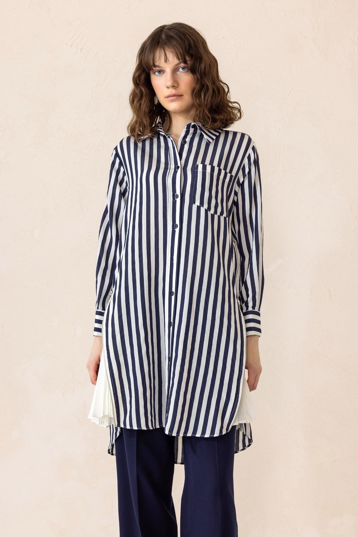 Striped Tunic with Side Zipper and Pleated Detail NAVY 9830