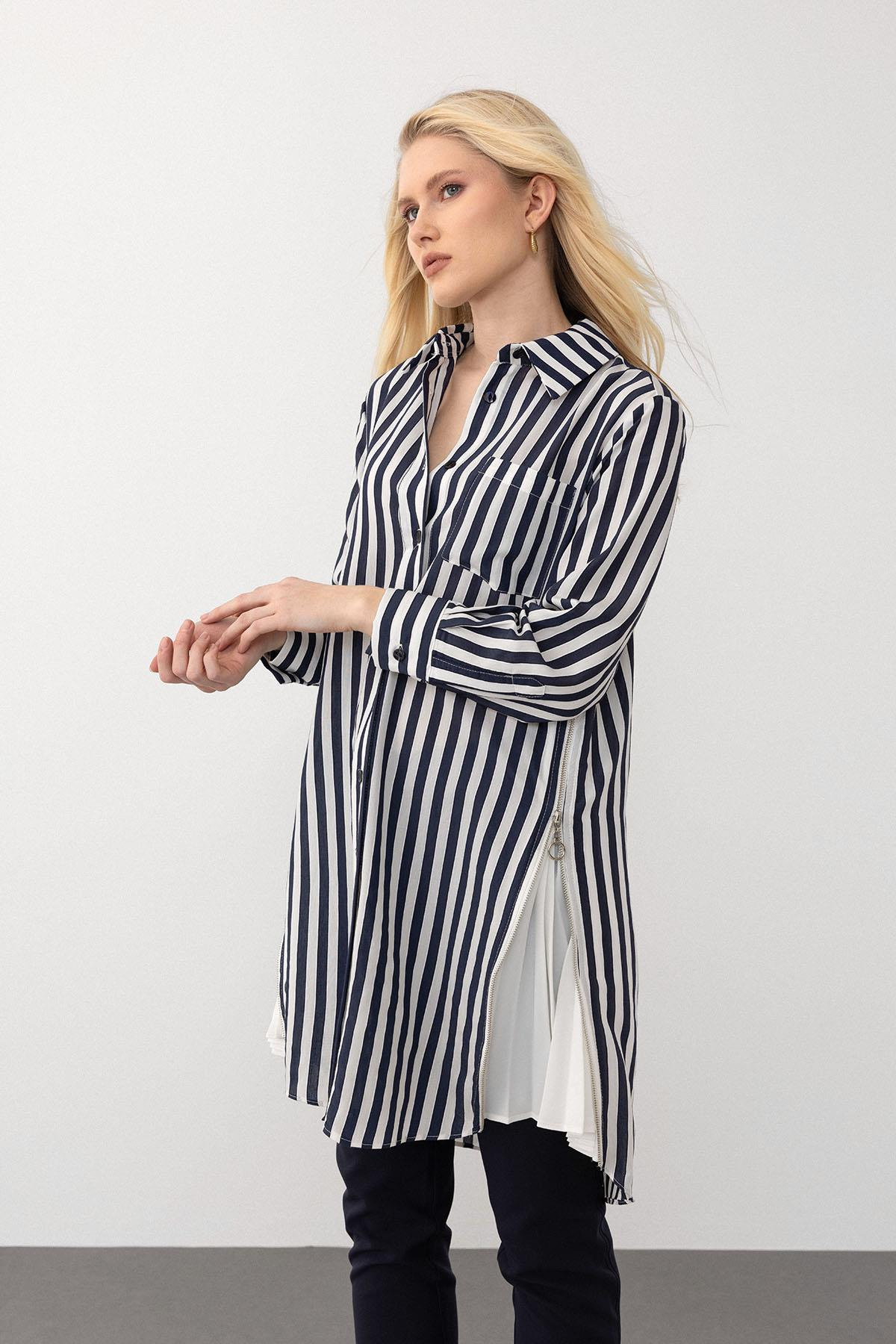 Striped Tunic with Side Zipper and Pleated Detail BLACK 9830