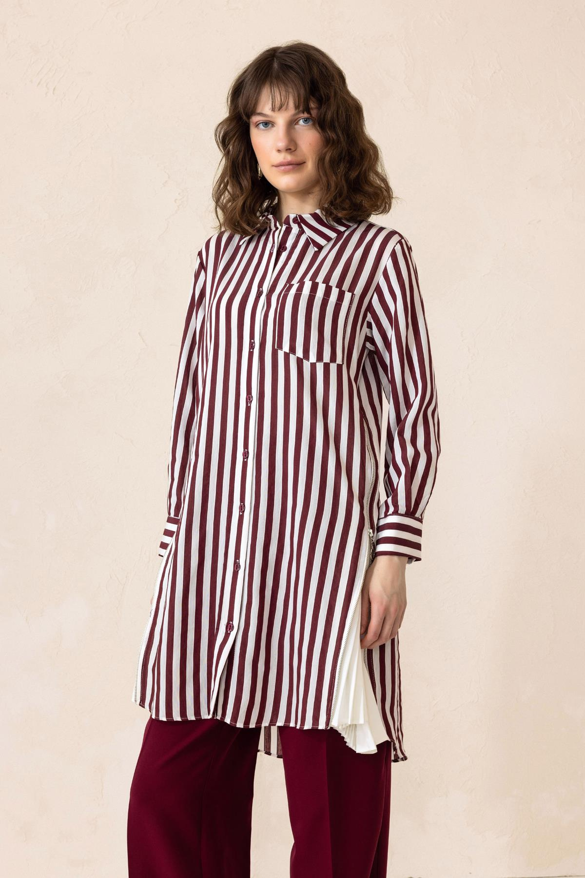Striped Tunic with Side Zipper and Pleated Detail CLARET RED 9830