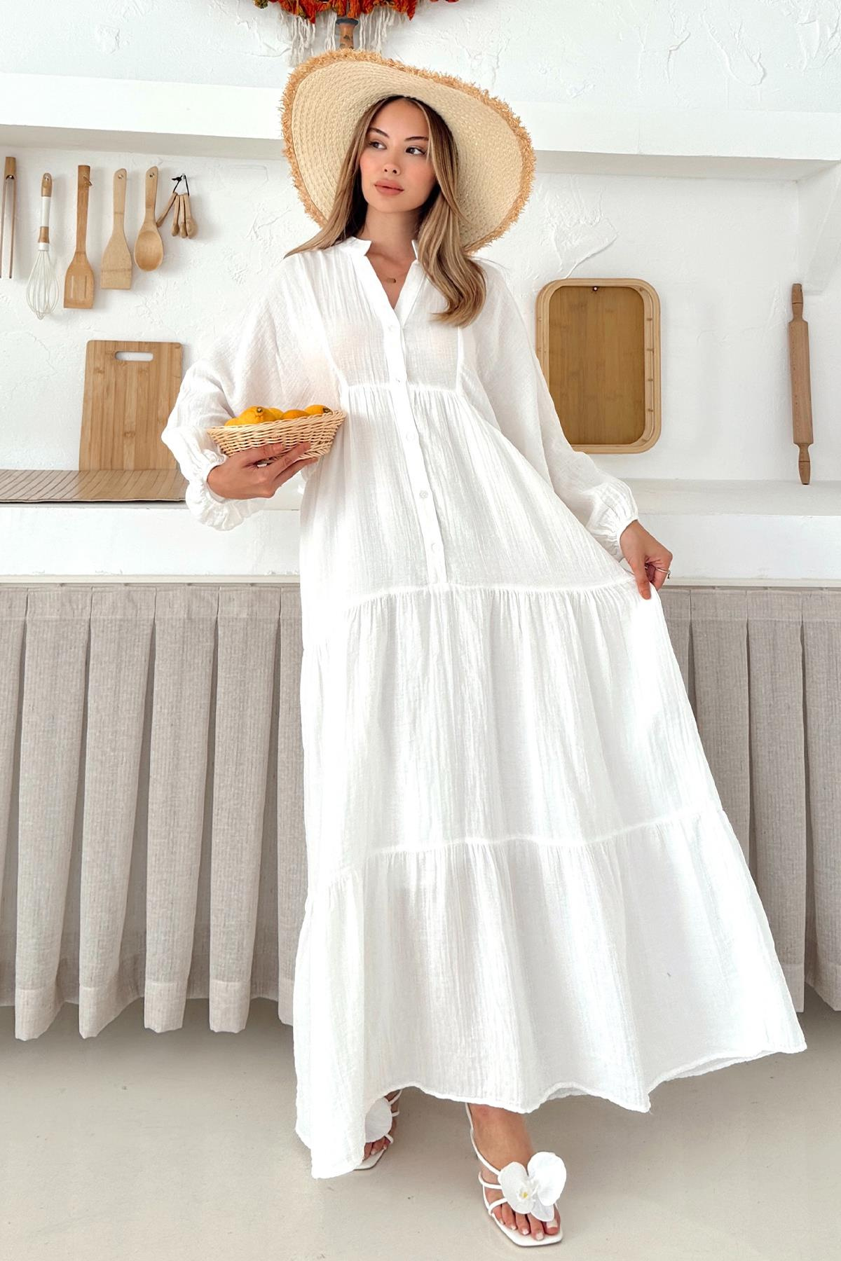 Yarasa Kol Düğme Detaylı Müslin Salaş Elbise EKRU 9330-E