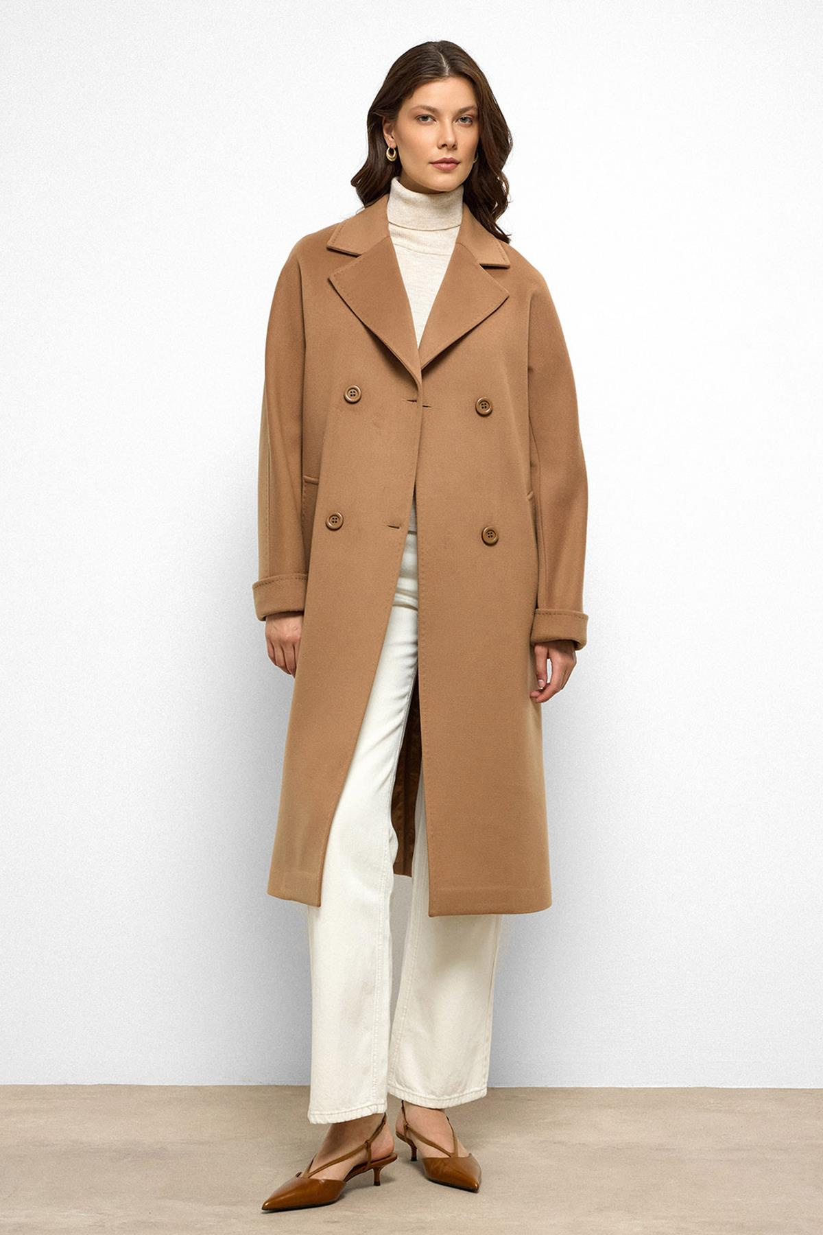 Bat Sleeve Point Stitch Detailed Cashmere Coat CAMEL 3101