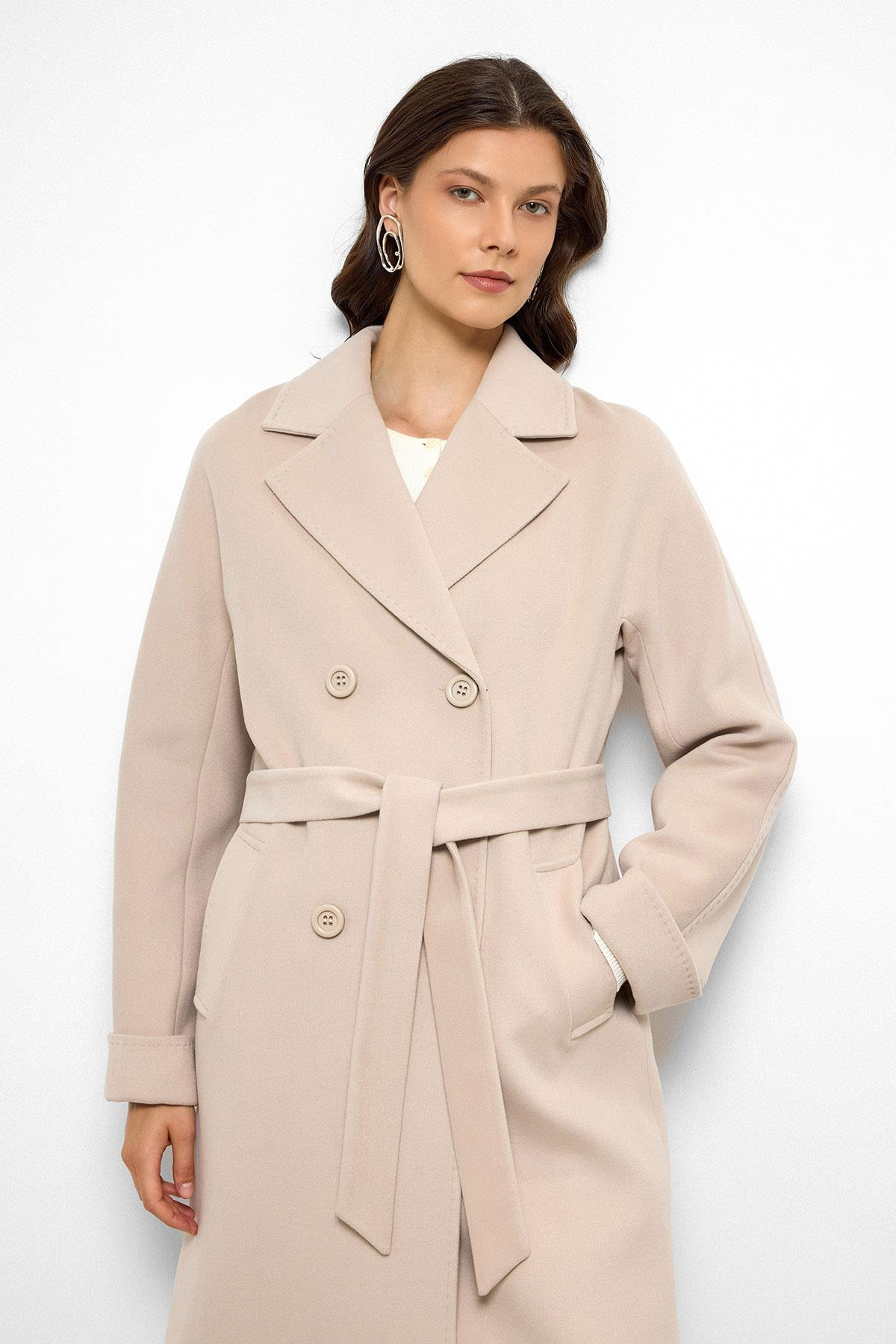 Yarasa Kol Punto Dikiş Detaylı Kaşmir Kaban AÇIK BEJ 3101